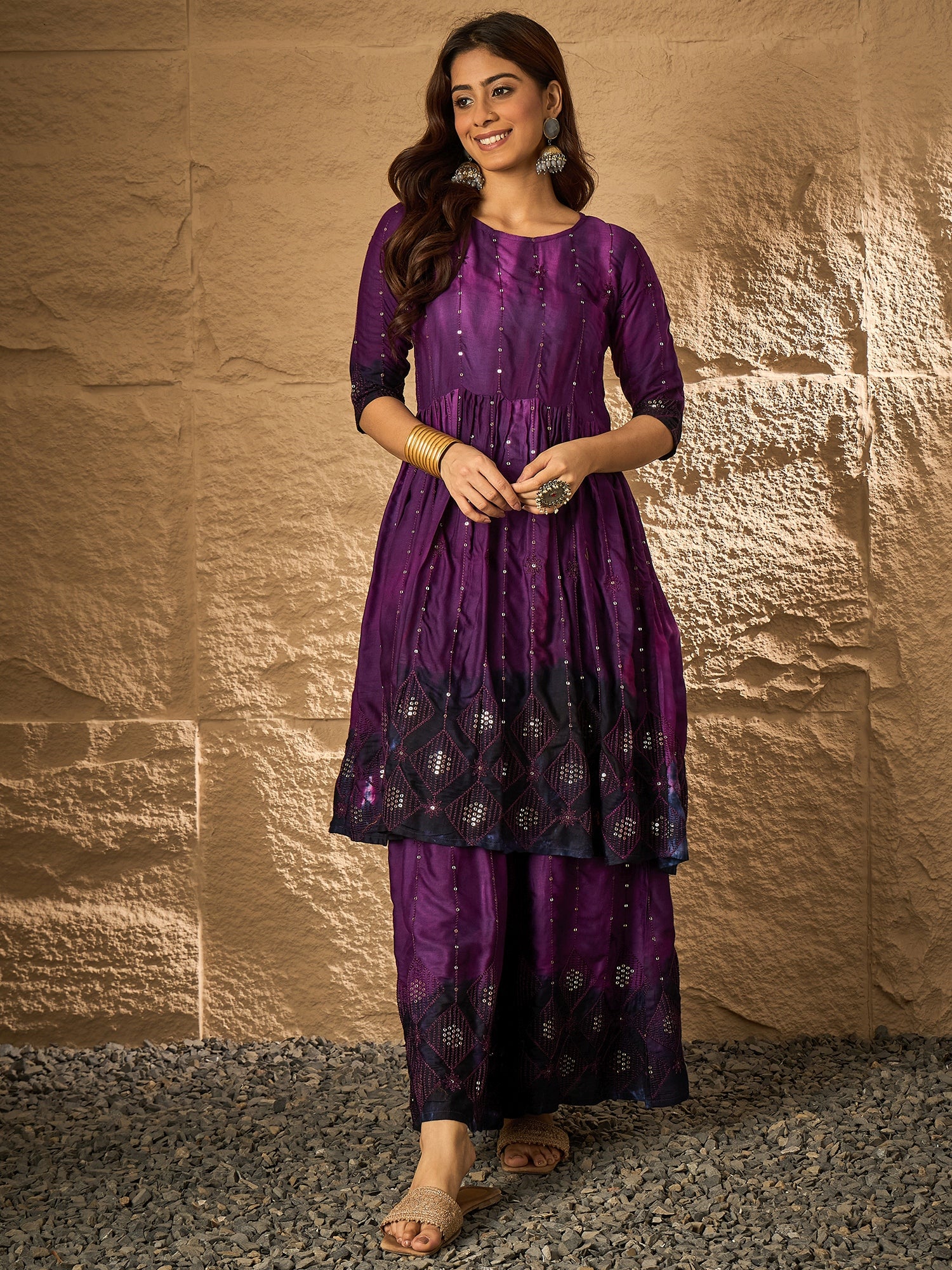 Dark Purple Tie & Dye Anarkali Kurta Set
