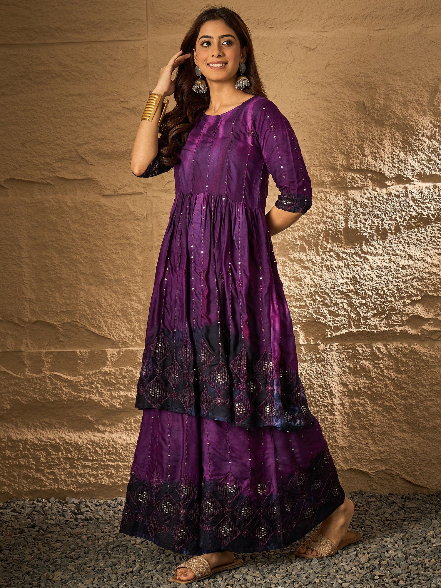 Dark Purple Tie & Dye Anarkali Kurta Set