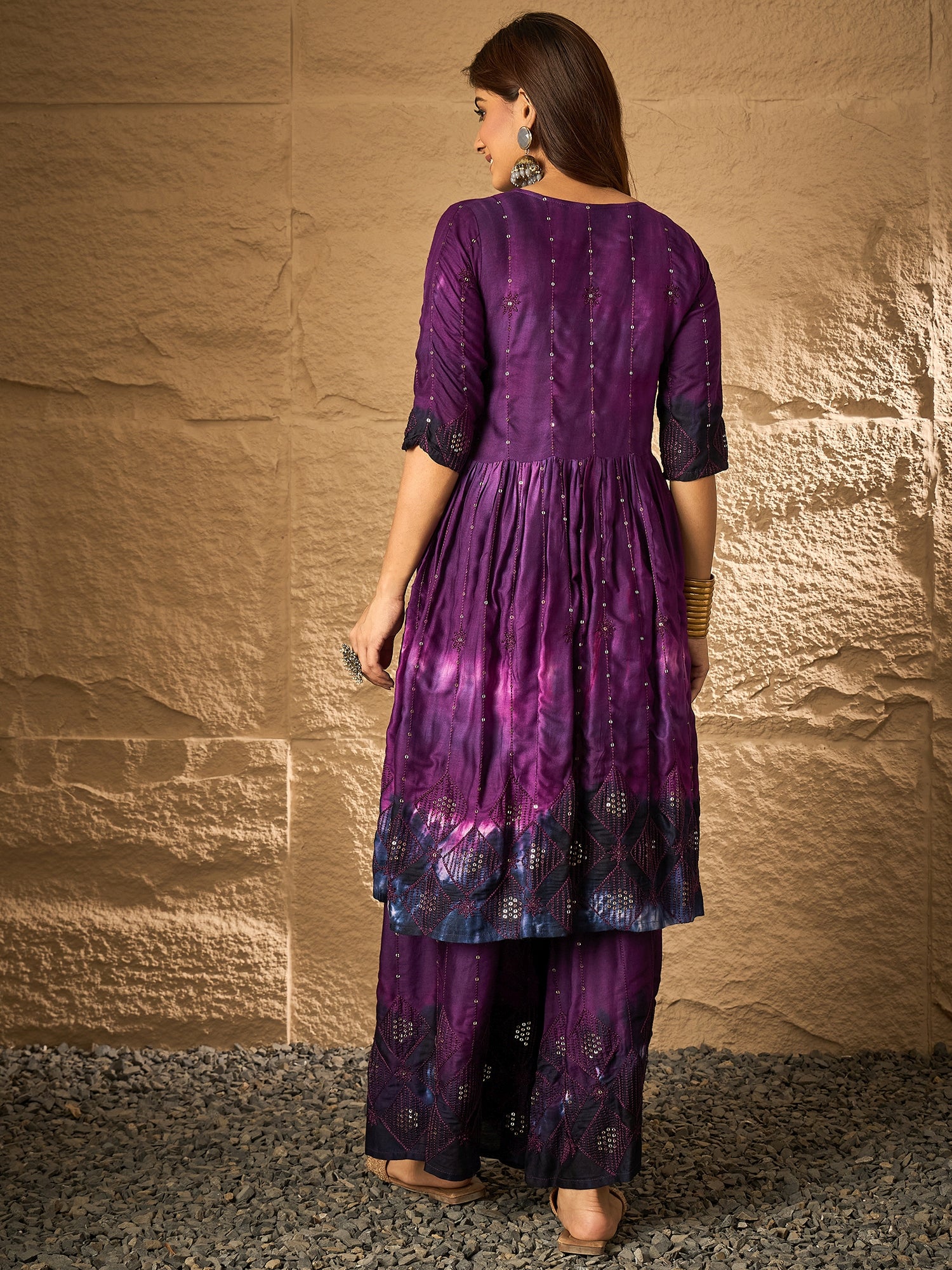 Dark Purple Tie & Dye Anarkali Kurta Set