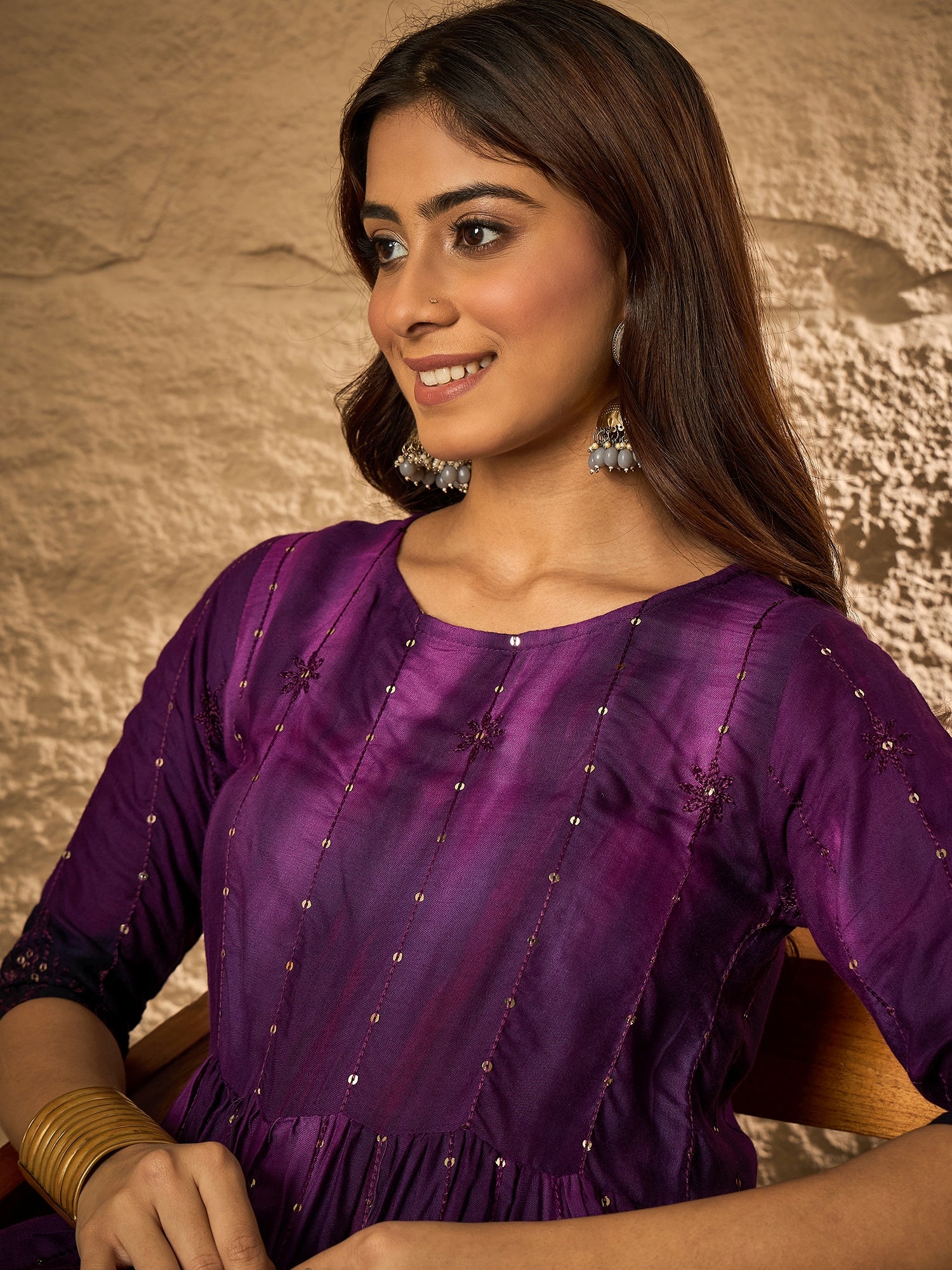 Dark Purple Tie & Dye Anarkali Kurta Set