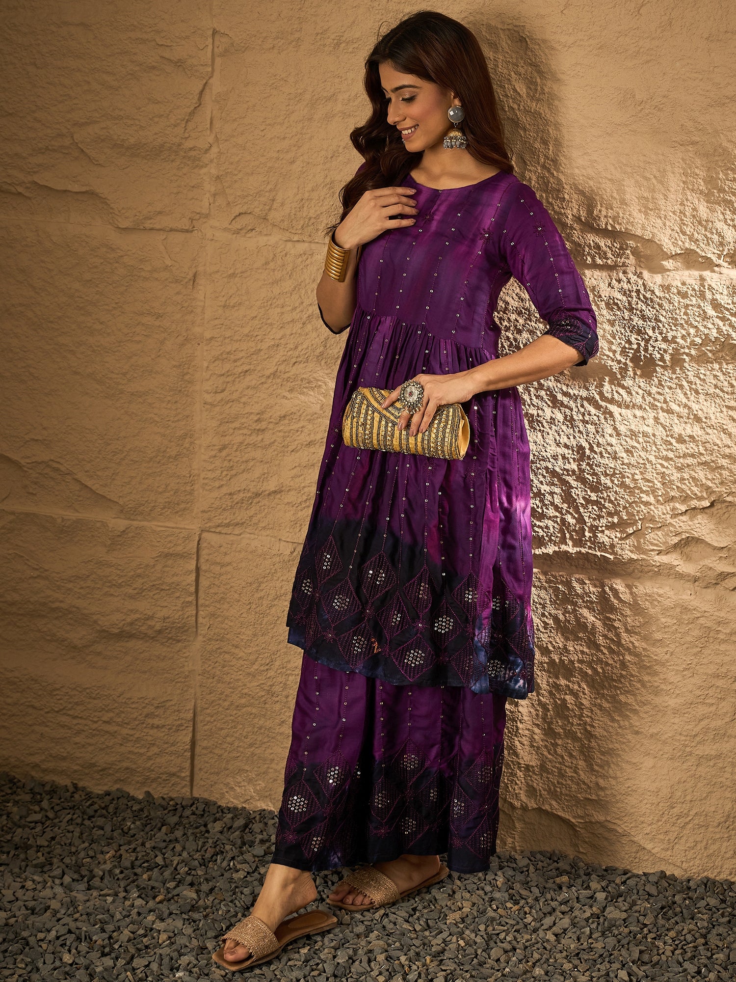 Dark Purple Tie & Dye Anarkali Kurta Set