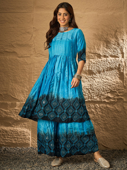 Cyan Blue Tie & Dye Anarkali Kurta Set