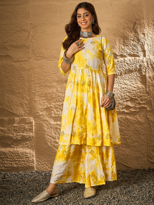 Yellow White Tie & Dye Anarkali Kurta Set