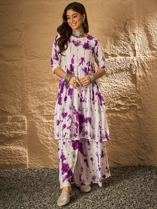 Purple White Tie & Dye Anarkali Kurta Set