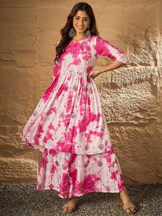 Pink White Tie & Dye Anarkali Kurta Set