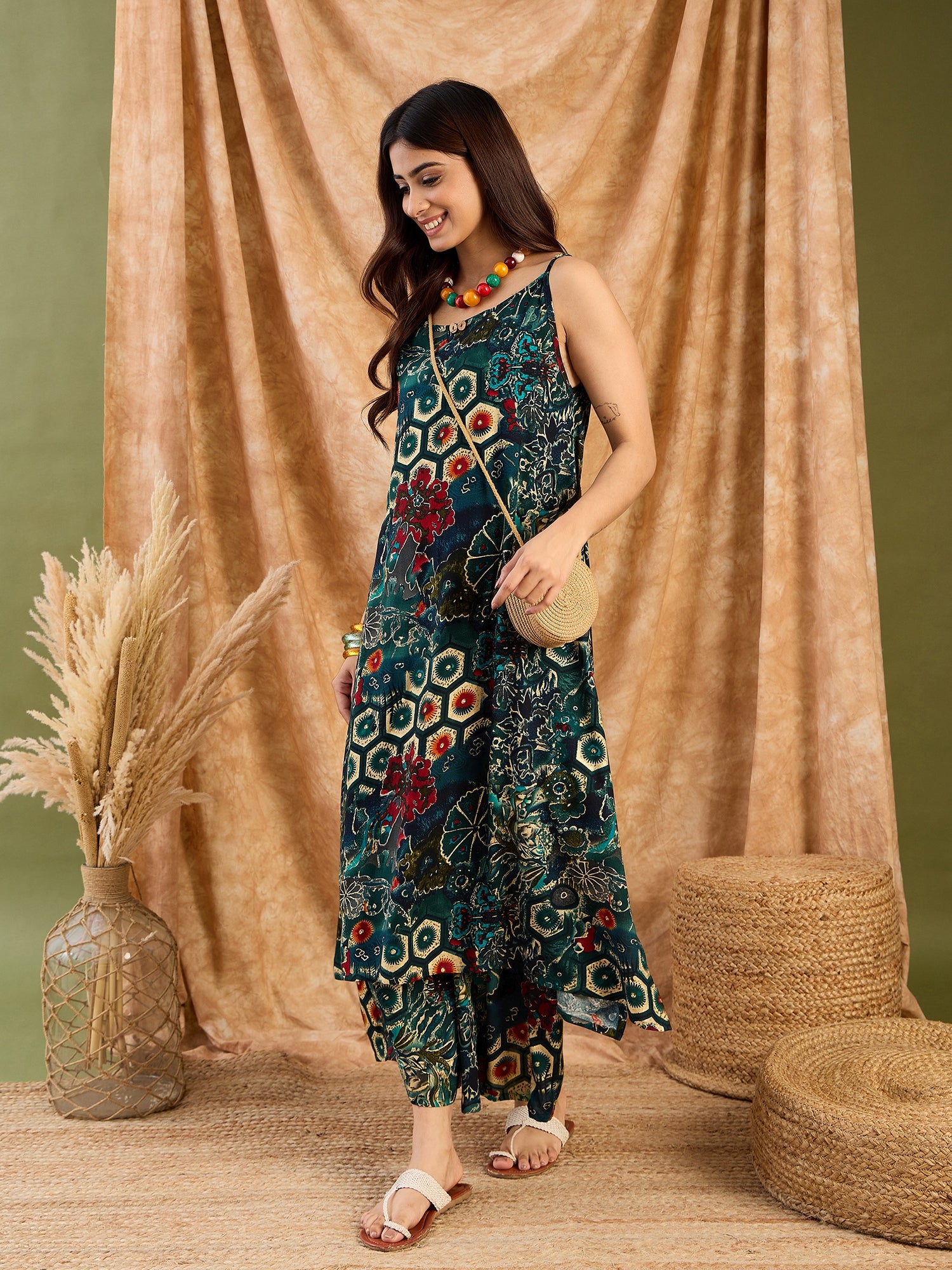 Dark Teal Foil Print Strappy Set