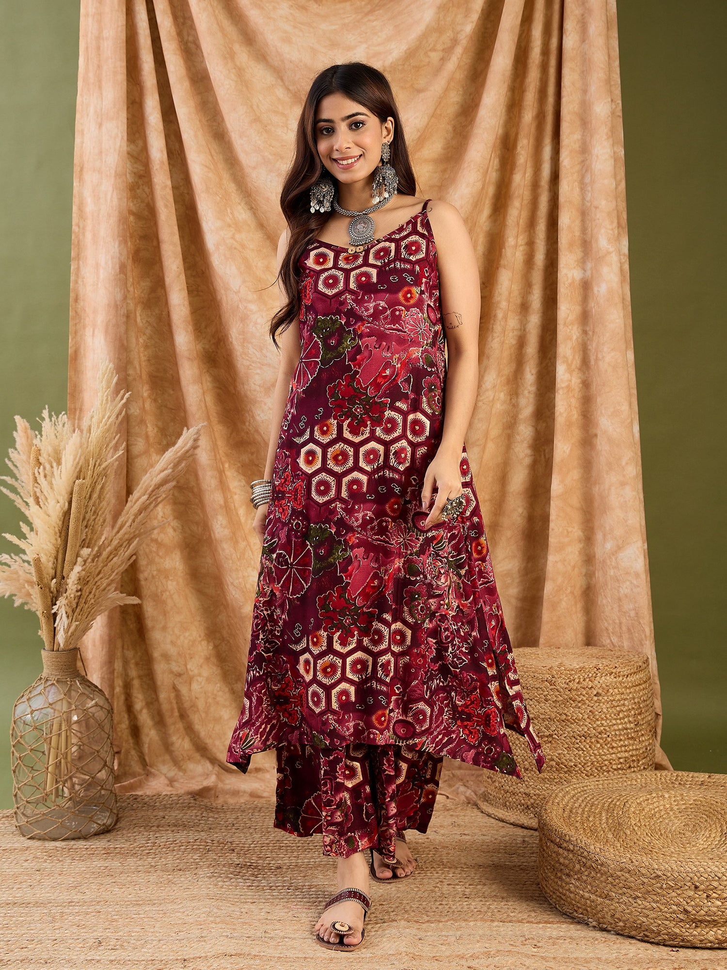 Dark Wine Beige Print Strappy Set