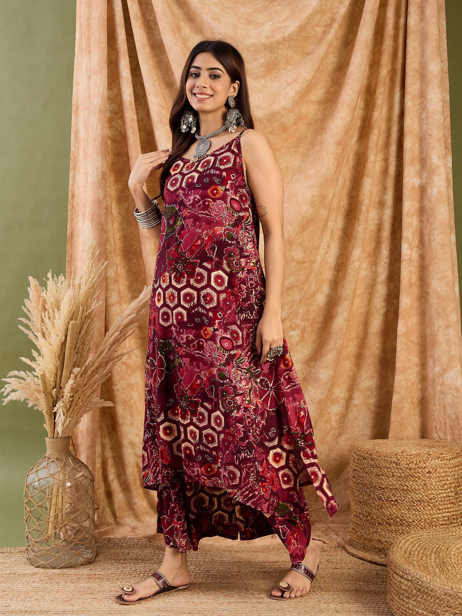 Dark Wine Beige Print Strappy Set