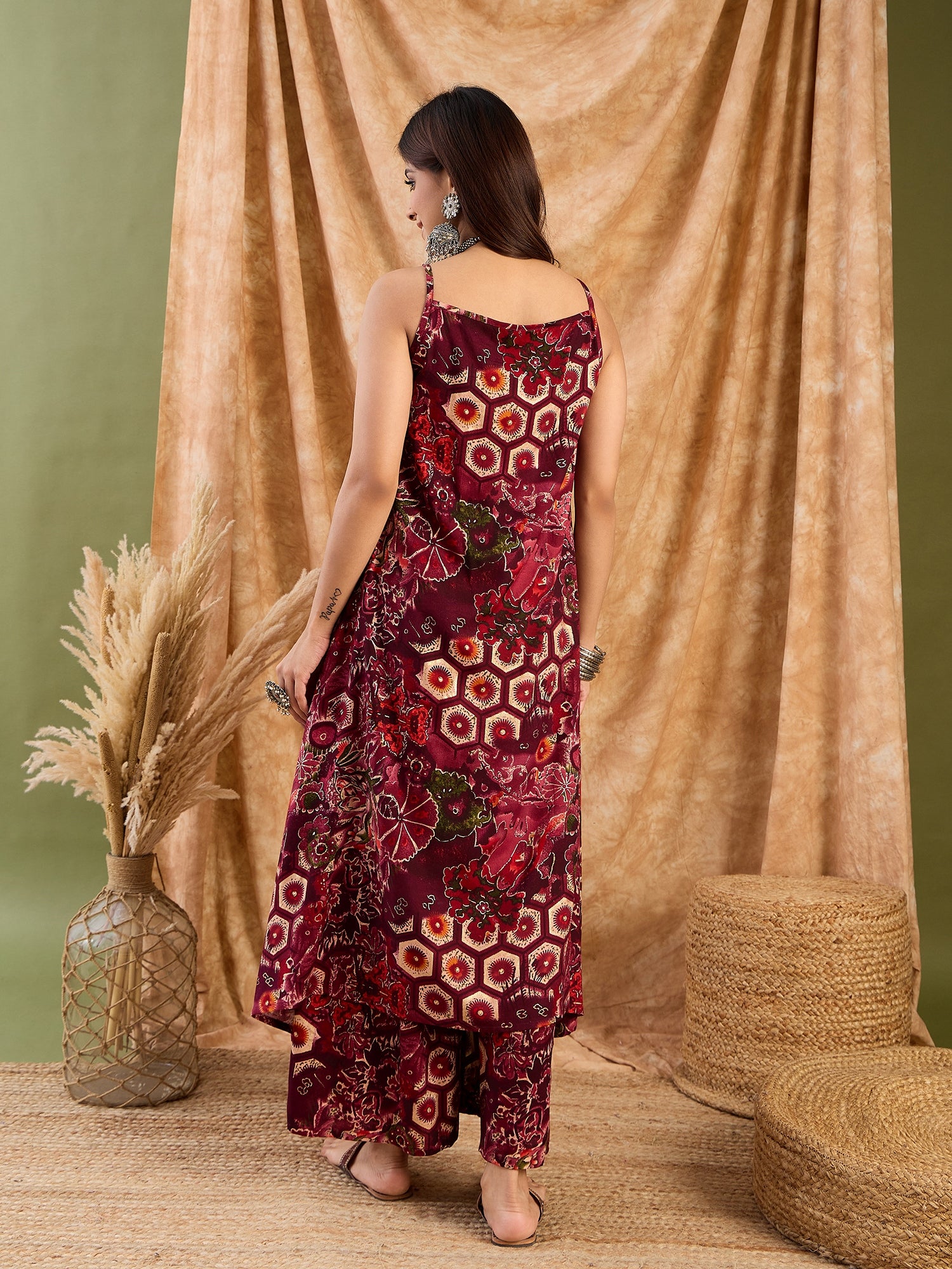 Dark Wine Beige Print Strappy Set