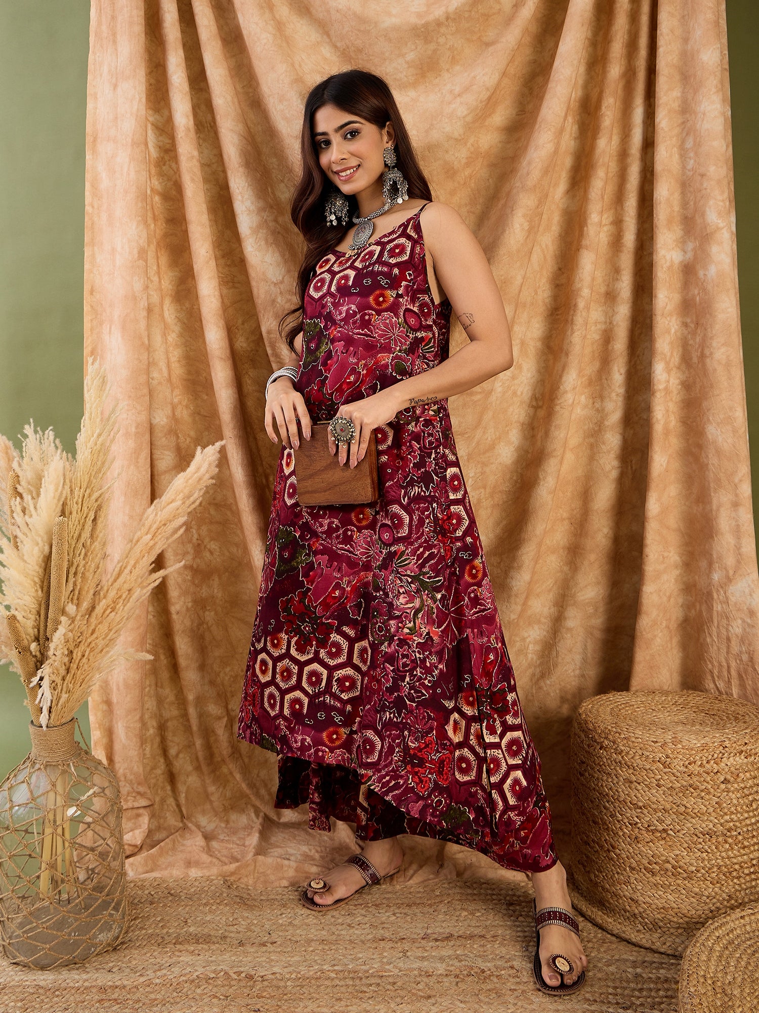 Dark Wine Beige Print Strappy Set