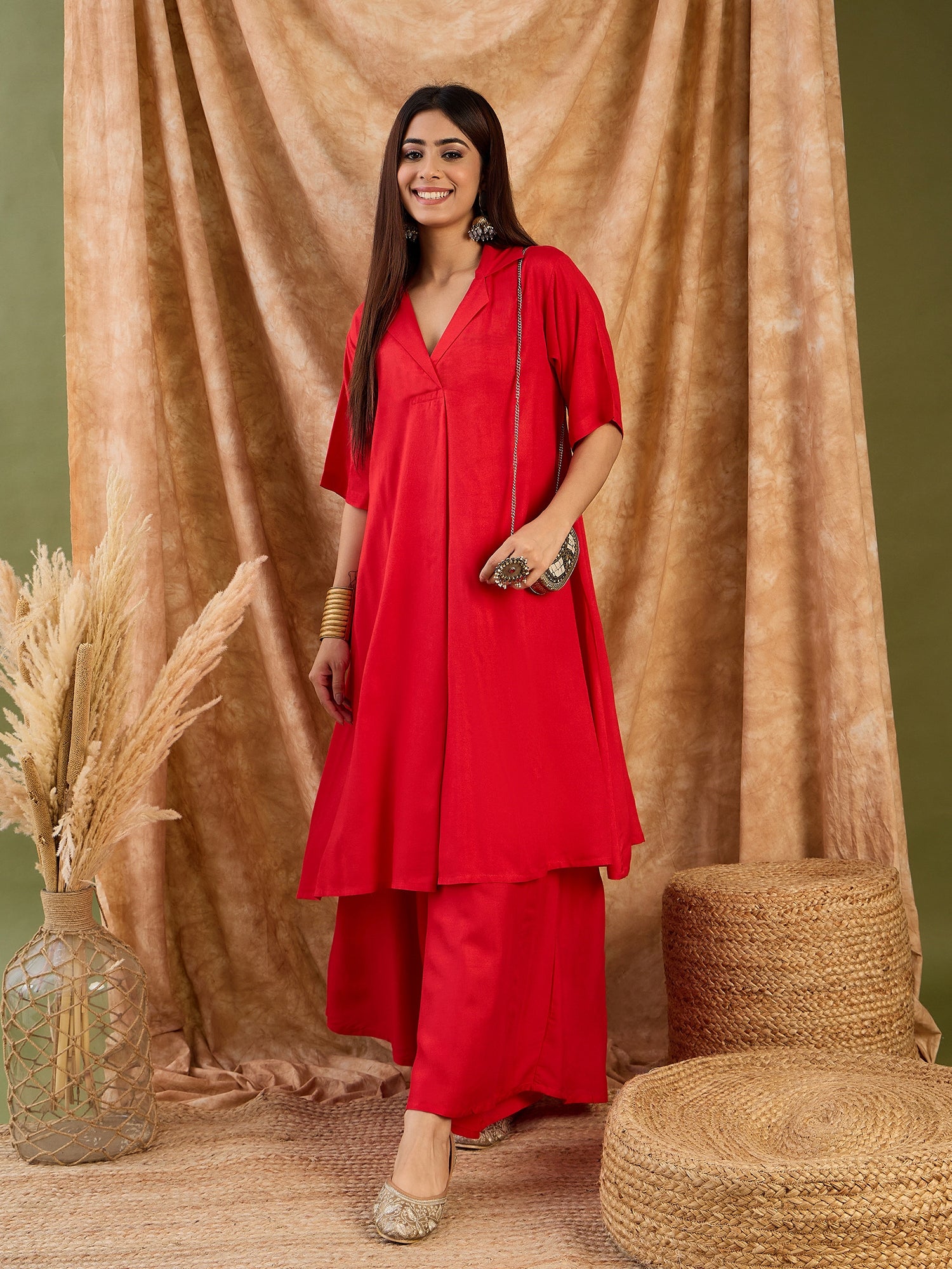 Red Collar Neck Kurta Set