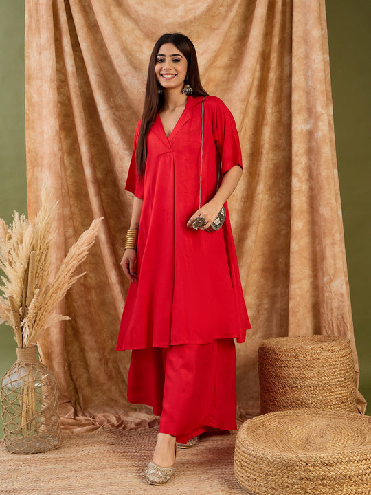 Red Collar Neck Kurta Set