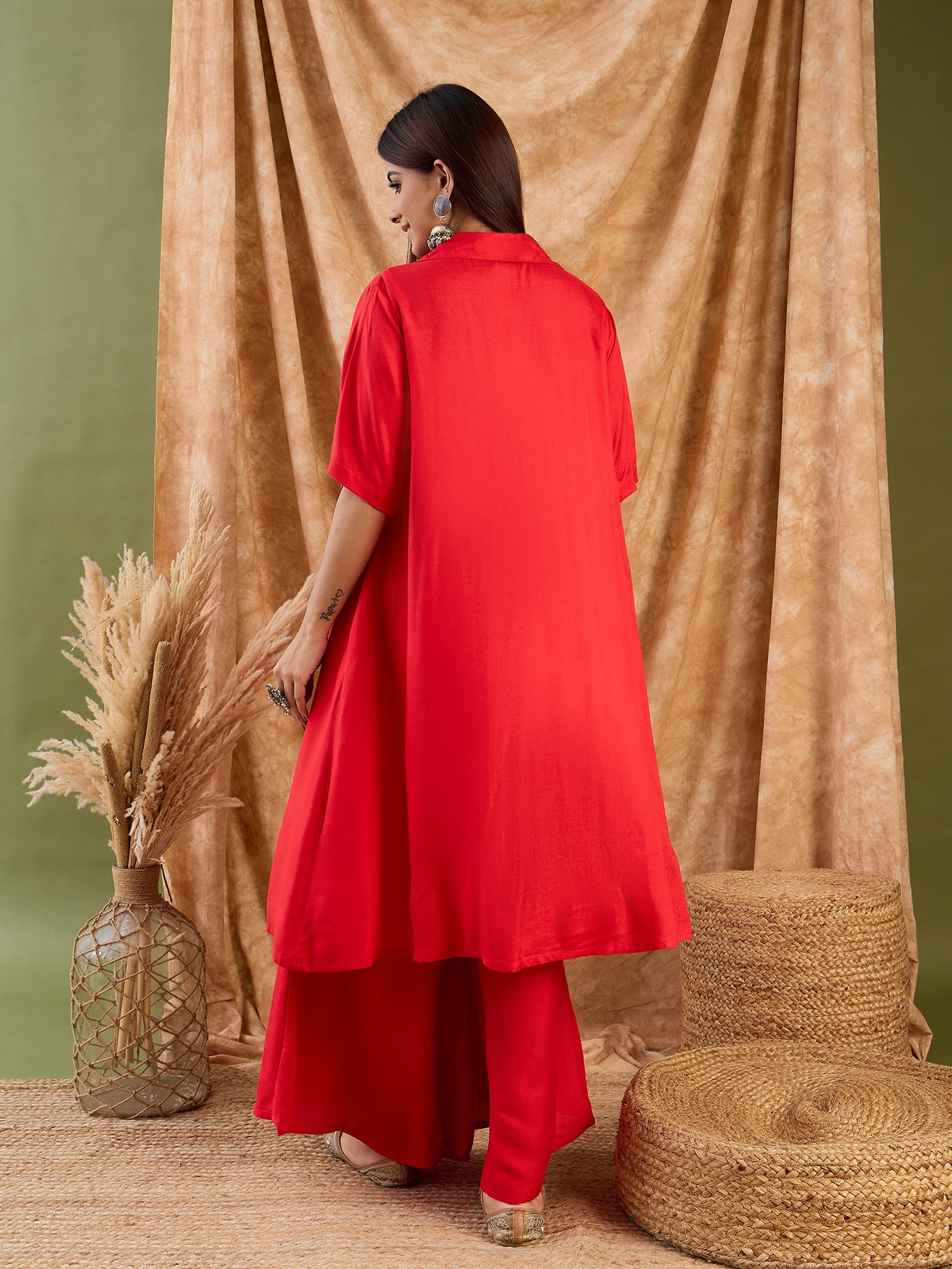 Red Collar Neck Kurta Set