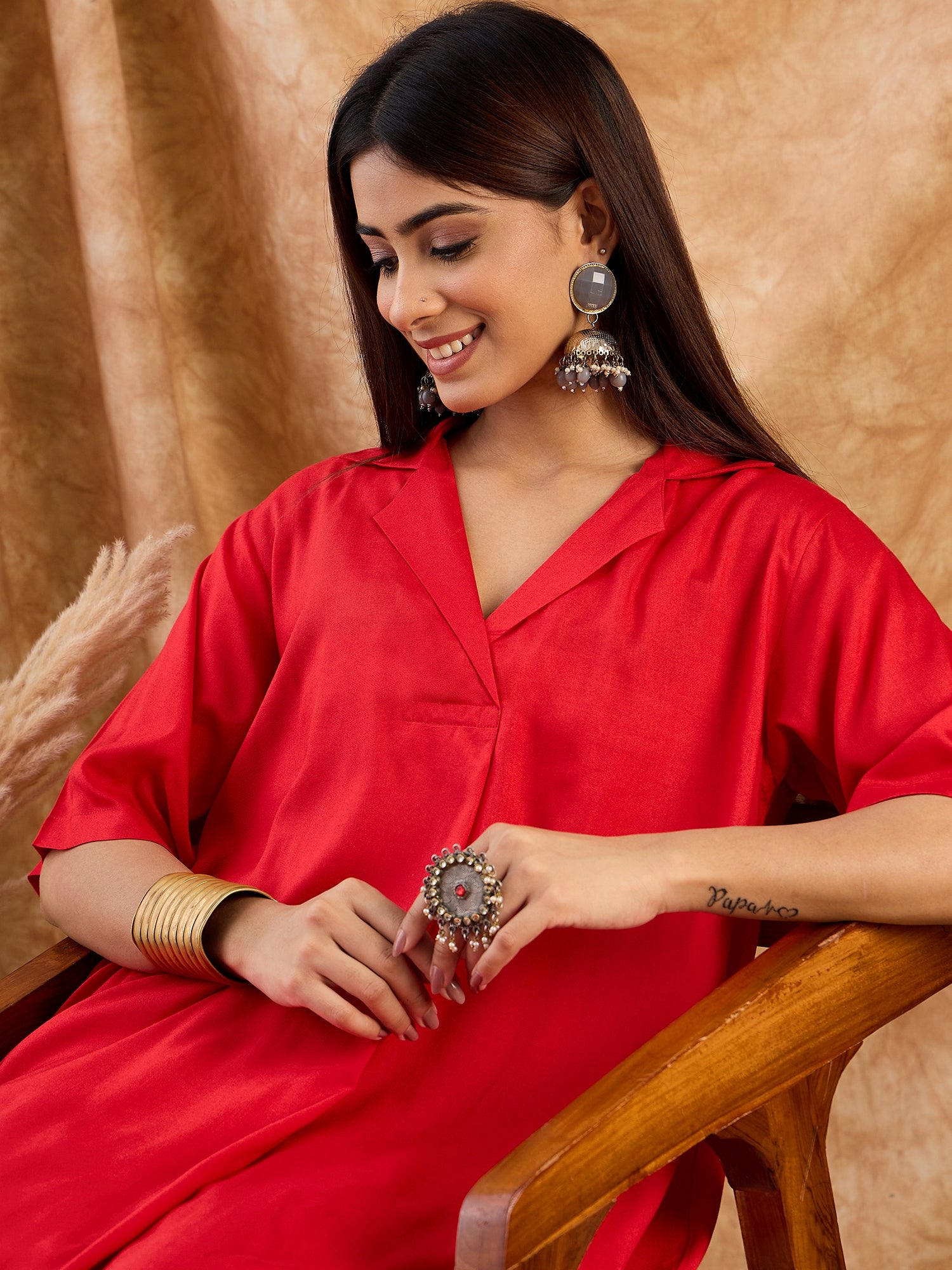 Red Collar Neck Kurta Set