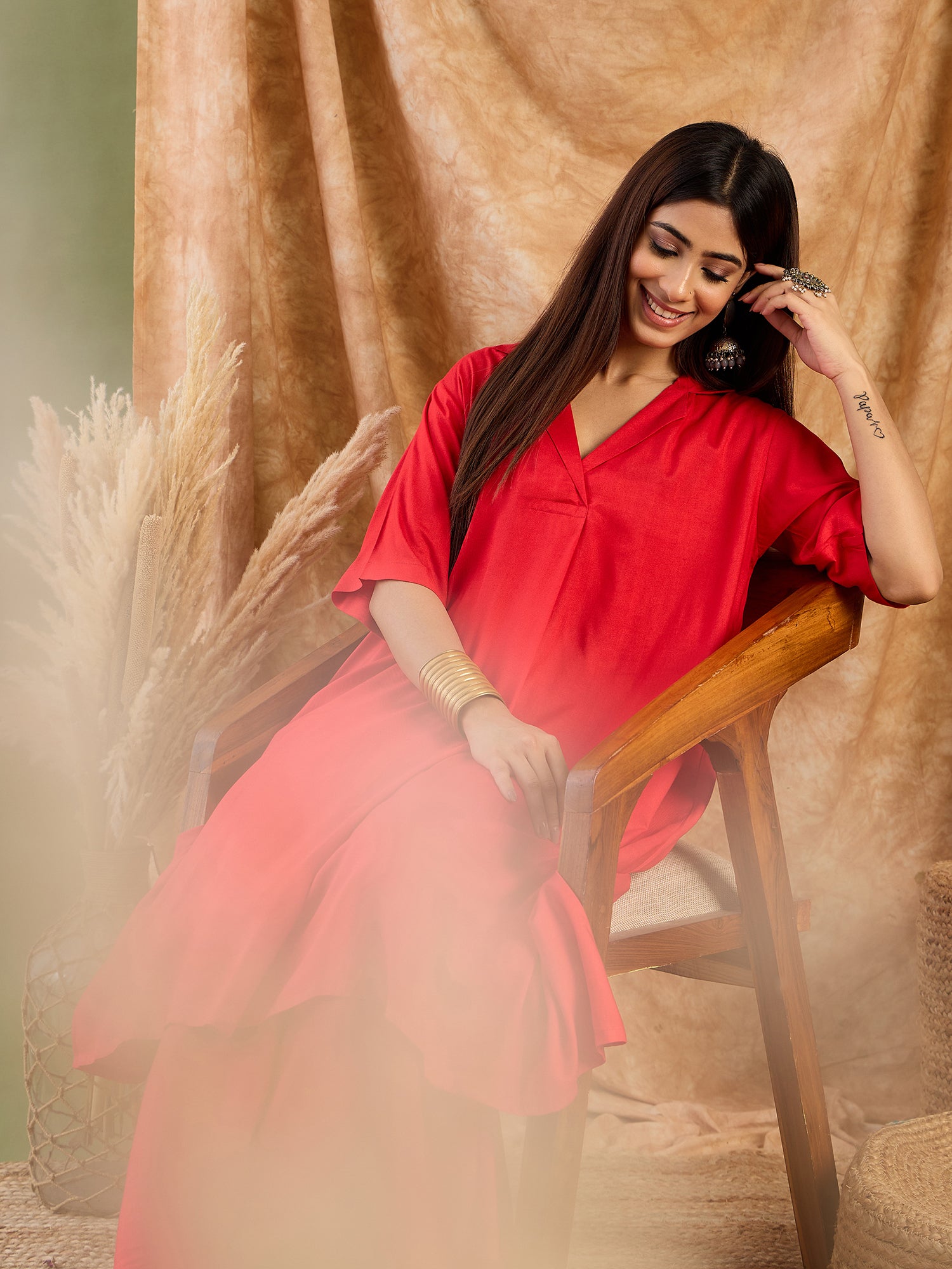 Red Collar Neck Kurta Set