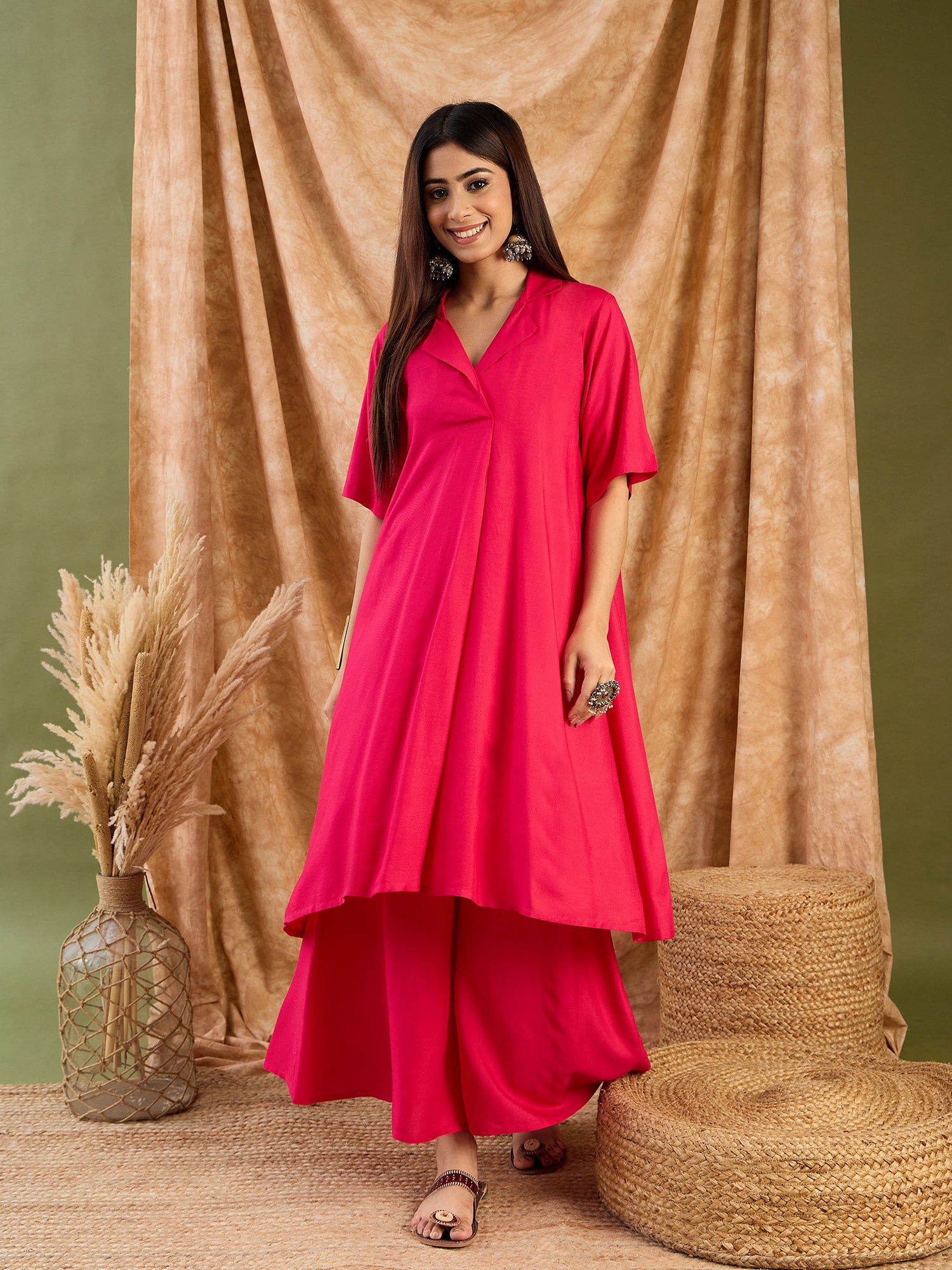 Fuchsia Collar Neck Kurta  Set