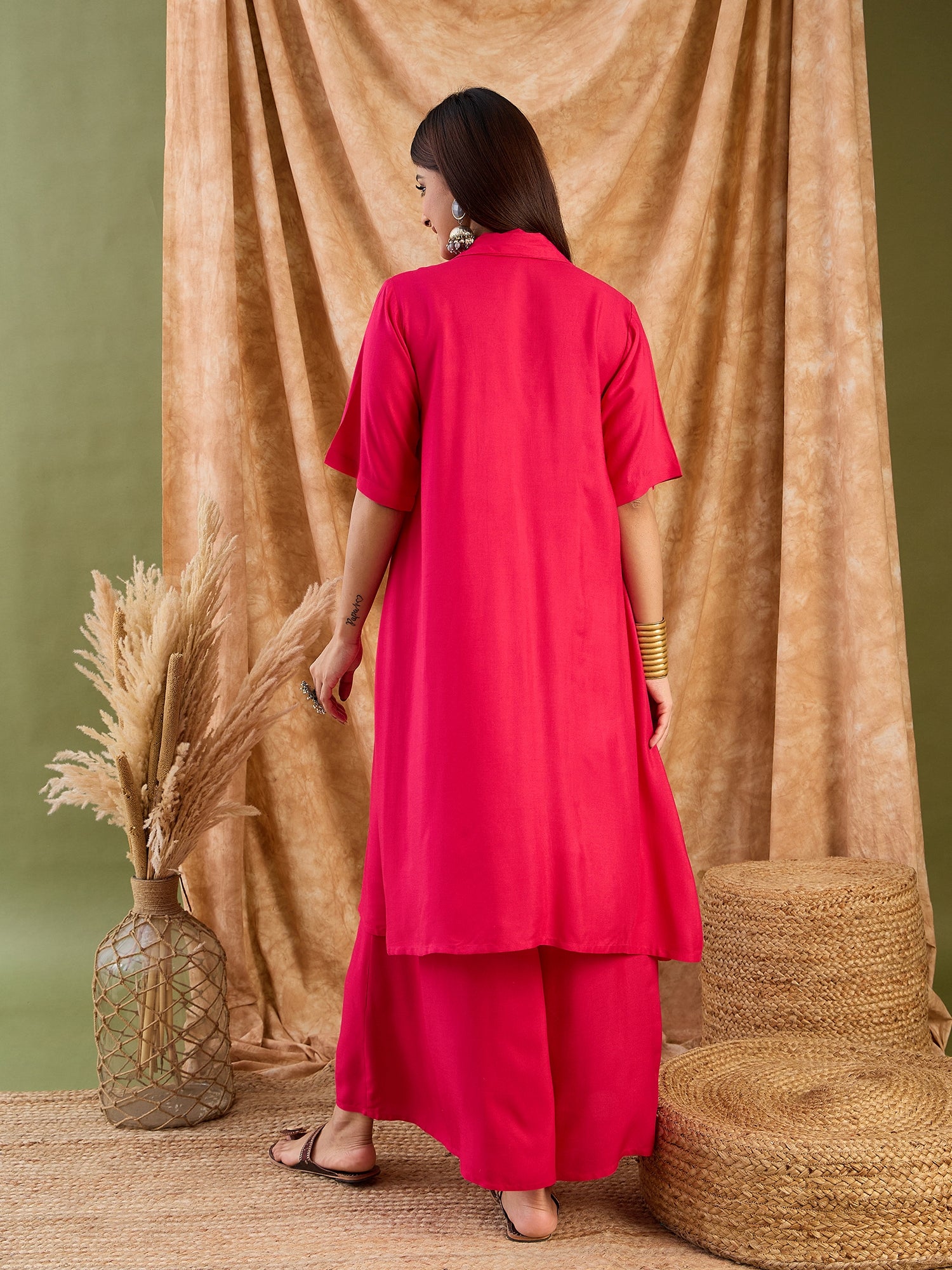 Fuchsia Collar Neck Kurta  Set