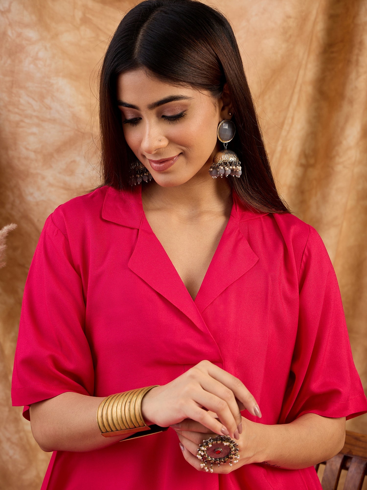 Fuchsia Collar Neck Kurta  Set