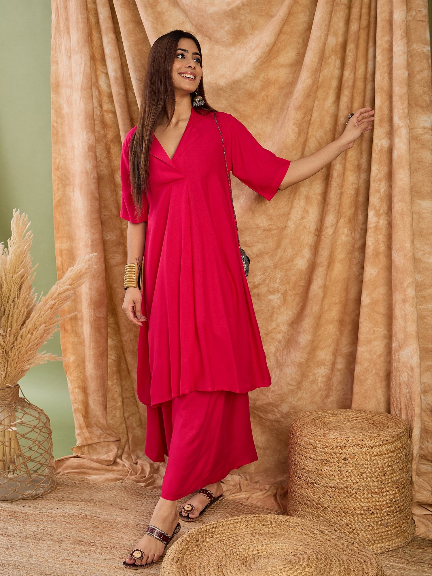 Fuchsia Collar Neck Kurta  Set
