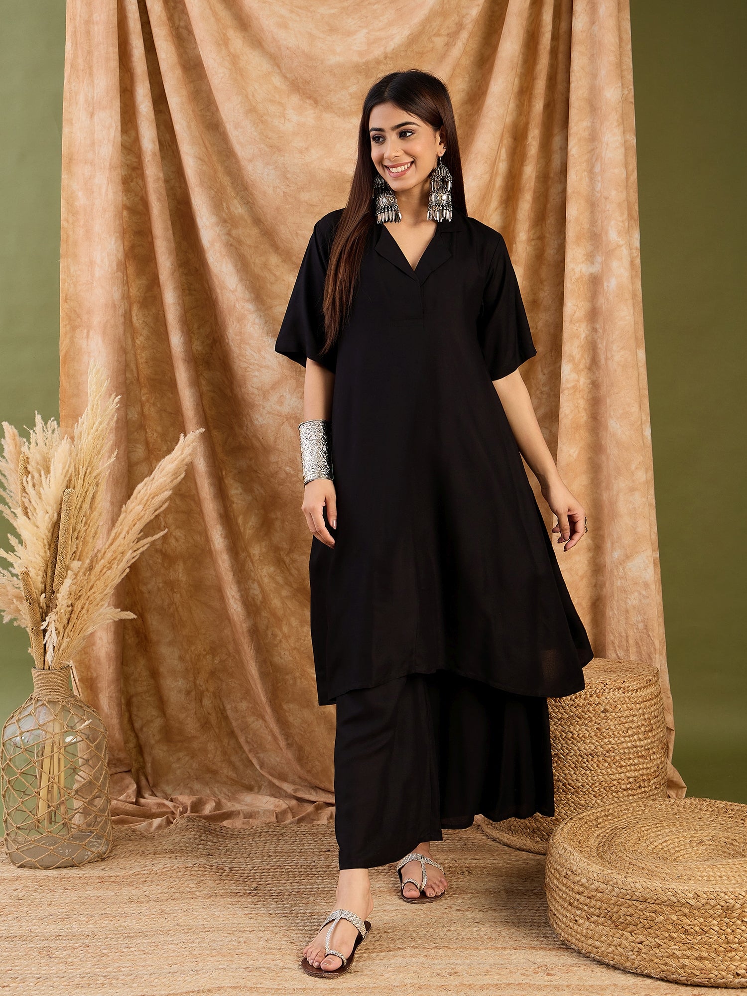 Black Collar Neck Kurta  Set
