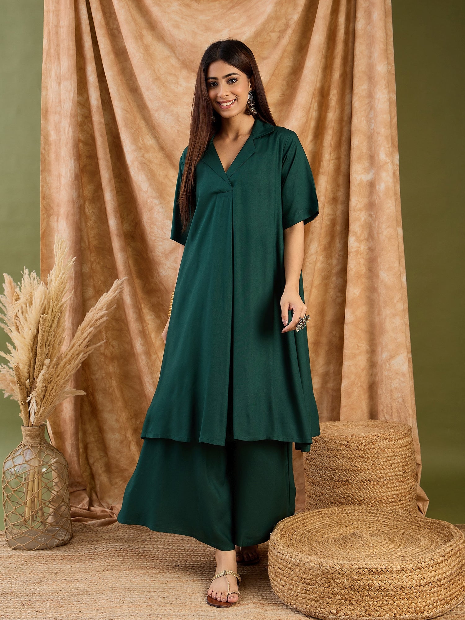 Dark Green Collar Neck Kurta  Set