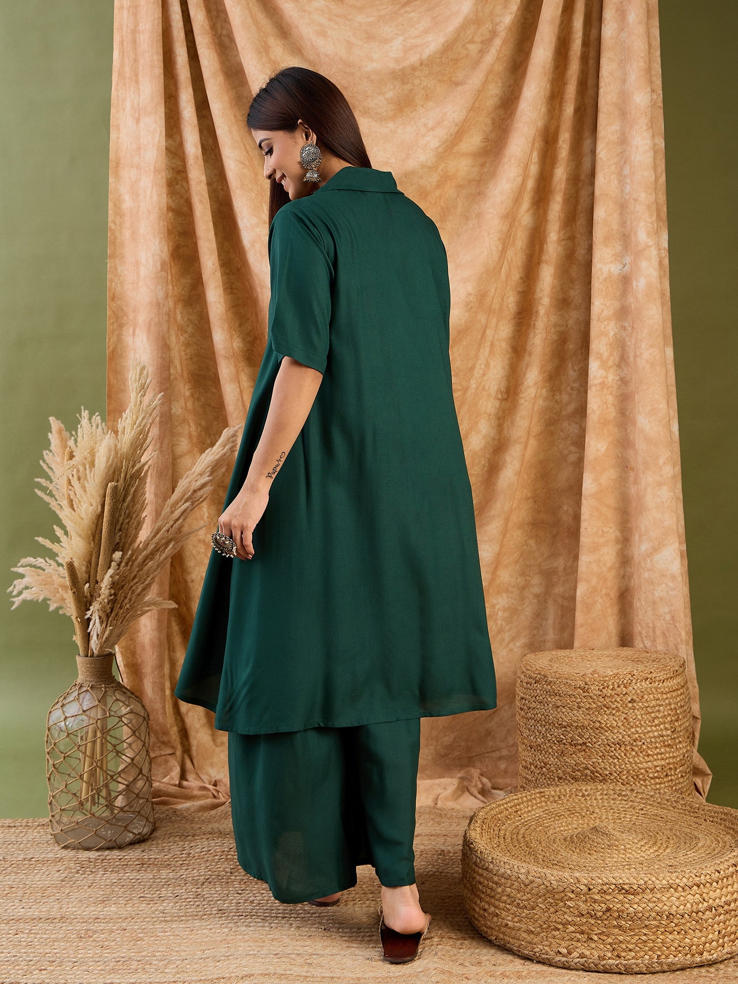 Dark Green Collar Neck Kurta  Set