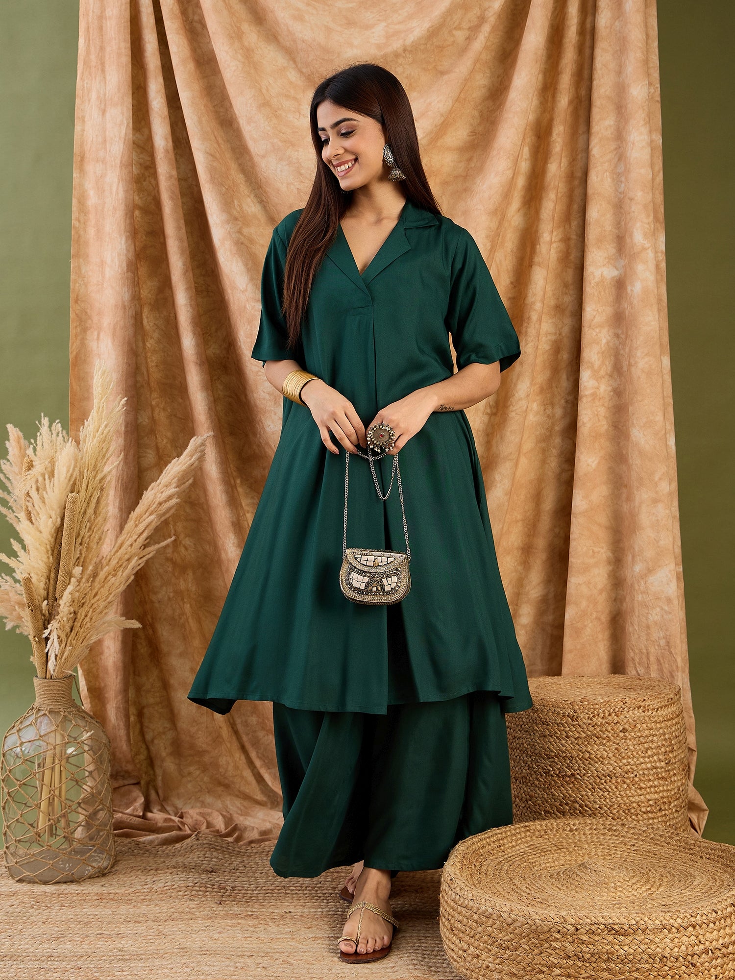Dark Green Collar Neck Kurta  Set