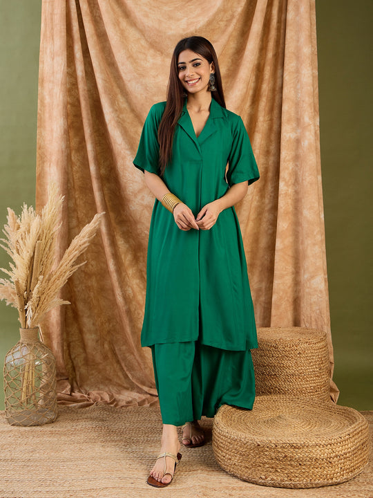 Forest Green Collar Neck Kurta Set
