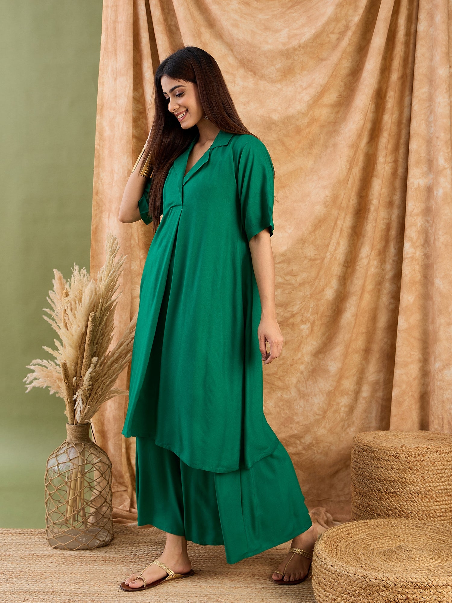 Forest Green Collar Neck Kurta Set