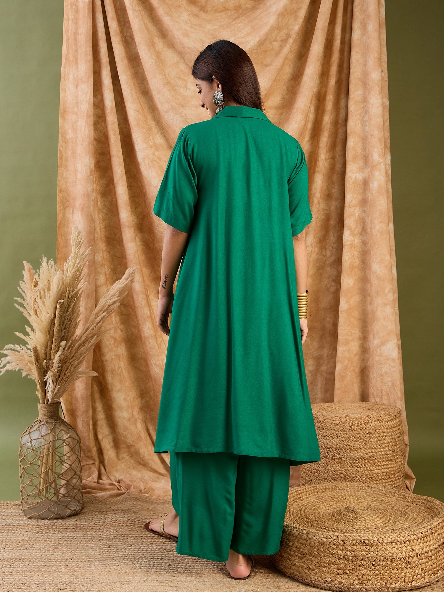 Forest Green Collar Neck Kurta Set