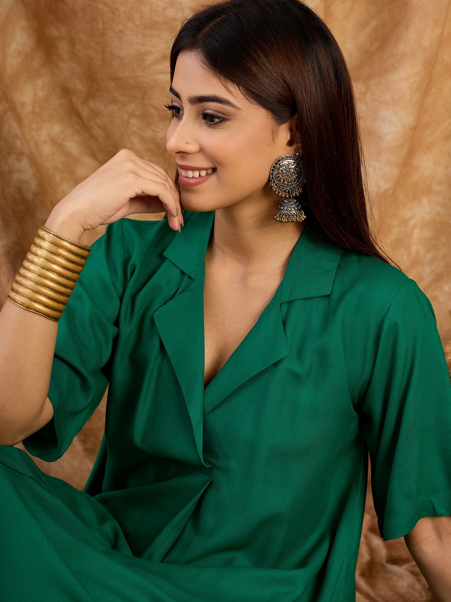 Forest Green Collar Neck Kurta Set