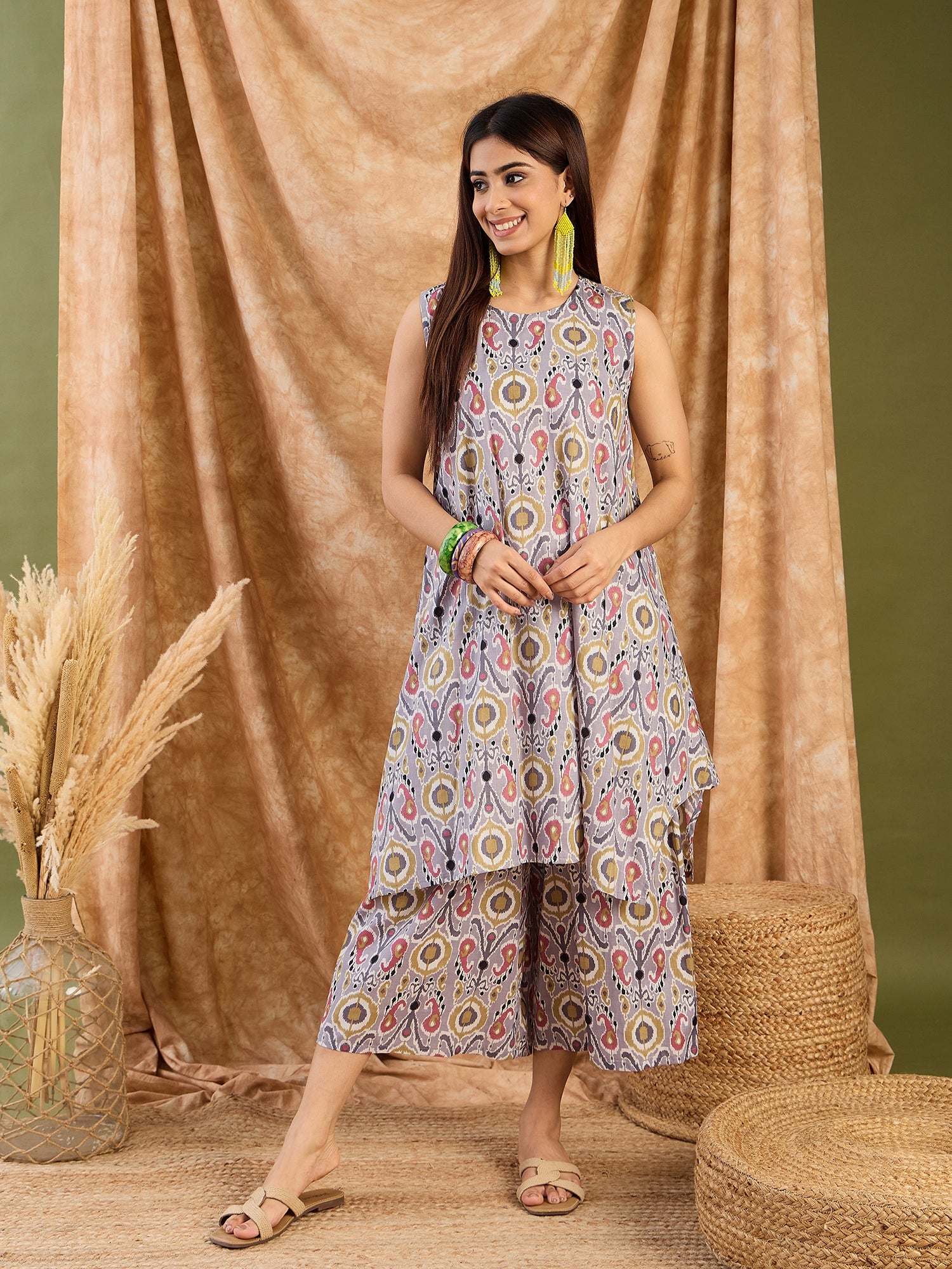 Light Grey Olive Ikkat R Neck Kurta Set