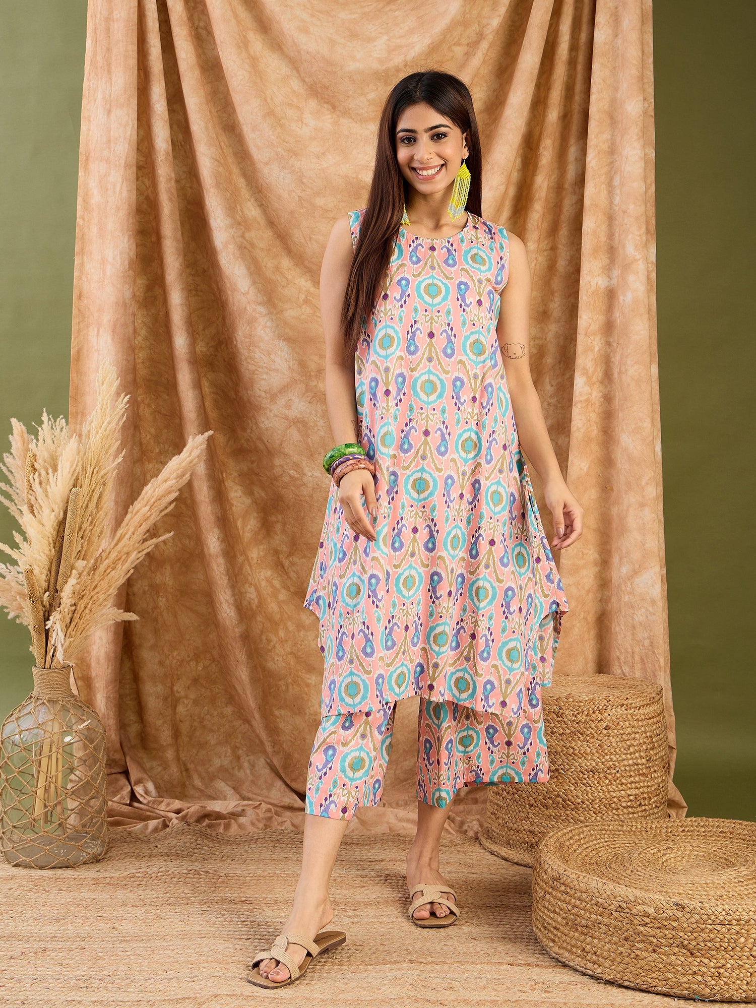Peach Blue Ikkat R Neck Kurta Set