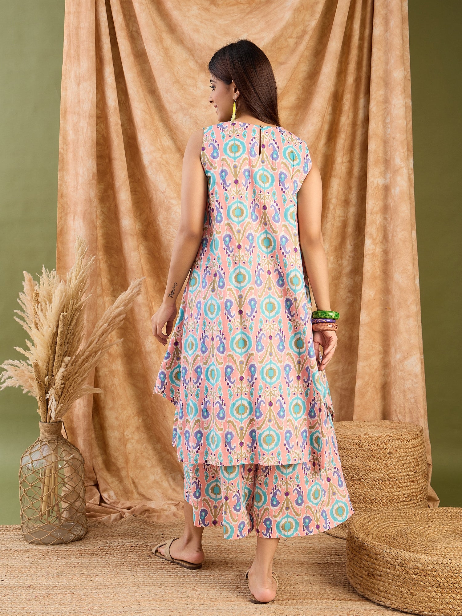 Peach Blue Ikkat R Neck Kurta Set