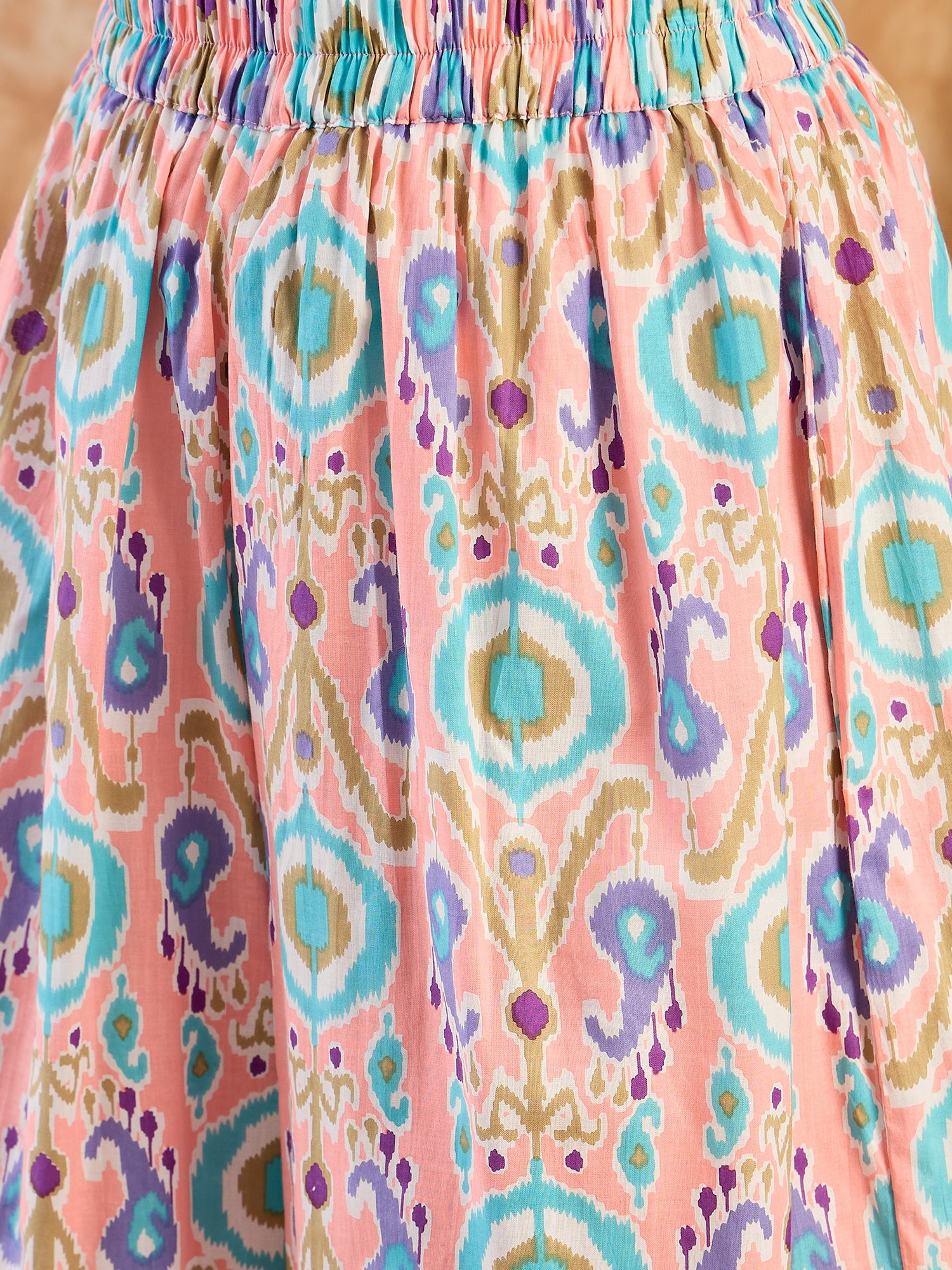 Peach Blue Ikkat R Neck Kurta Set
