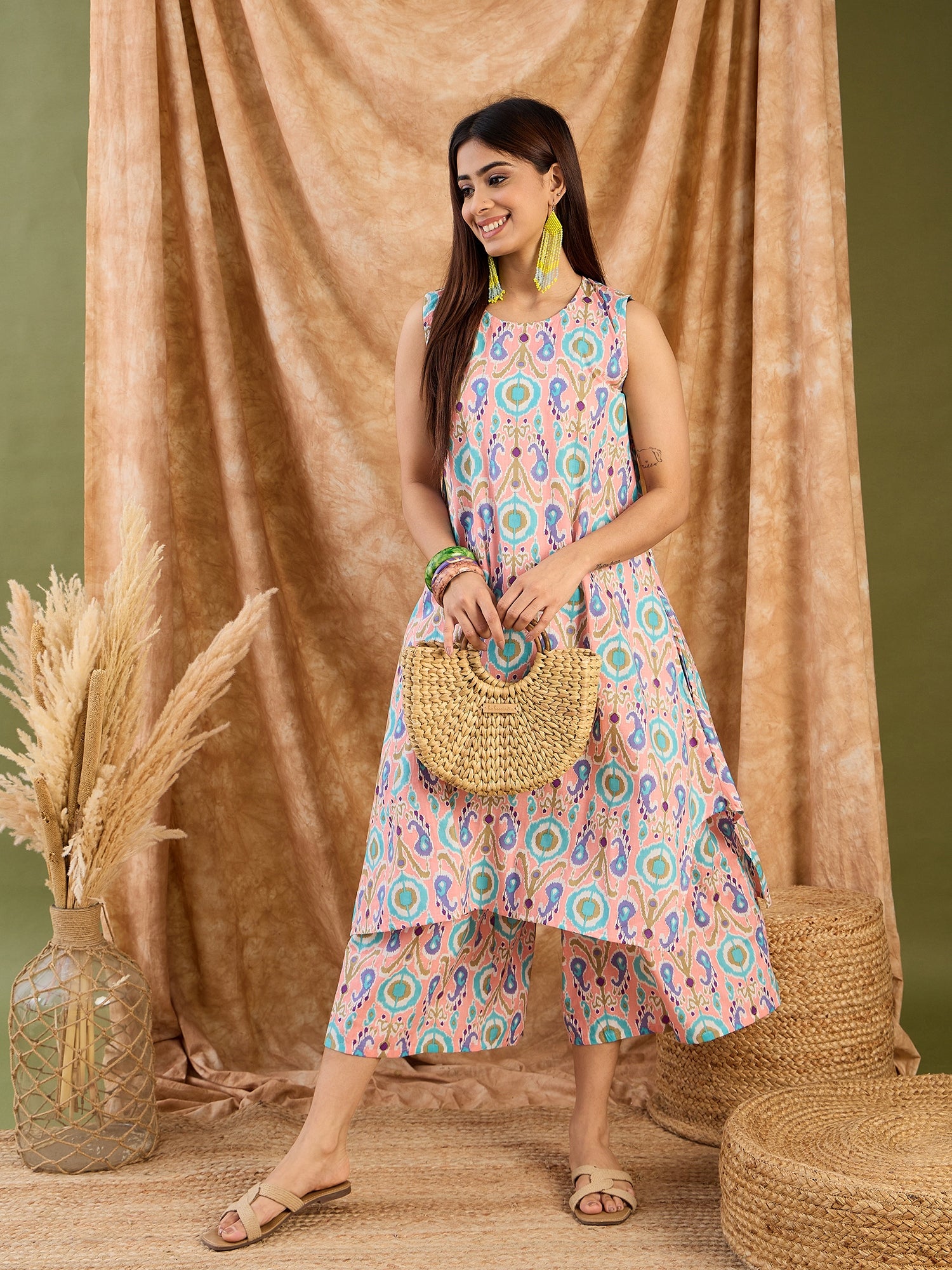 Peach Blue Ikkat R Neck Kurta Set