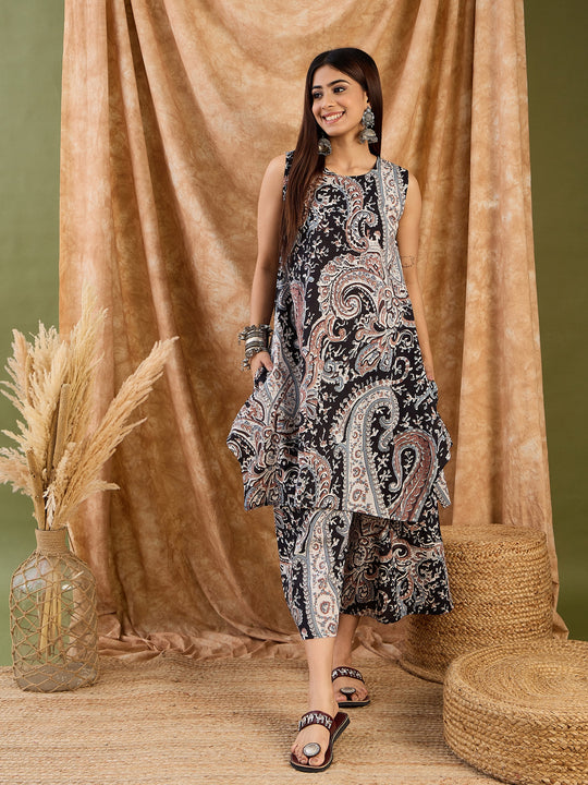 Black Brown Paisley R Neck Kurta Set