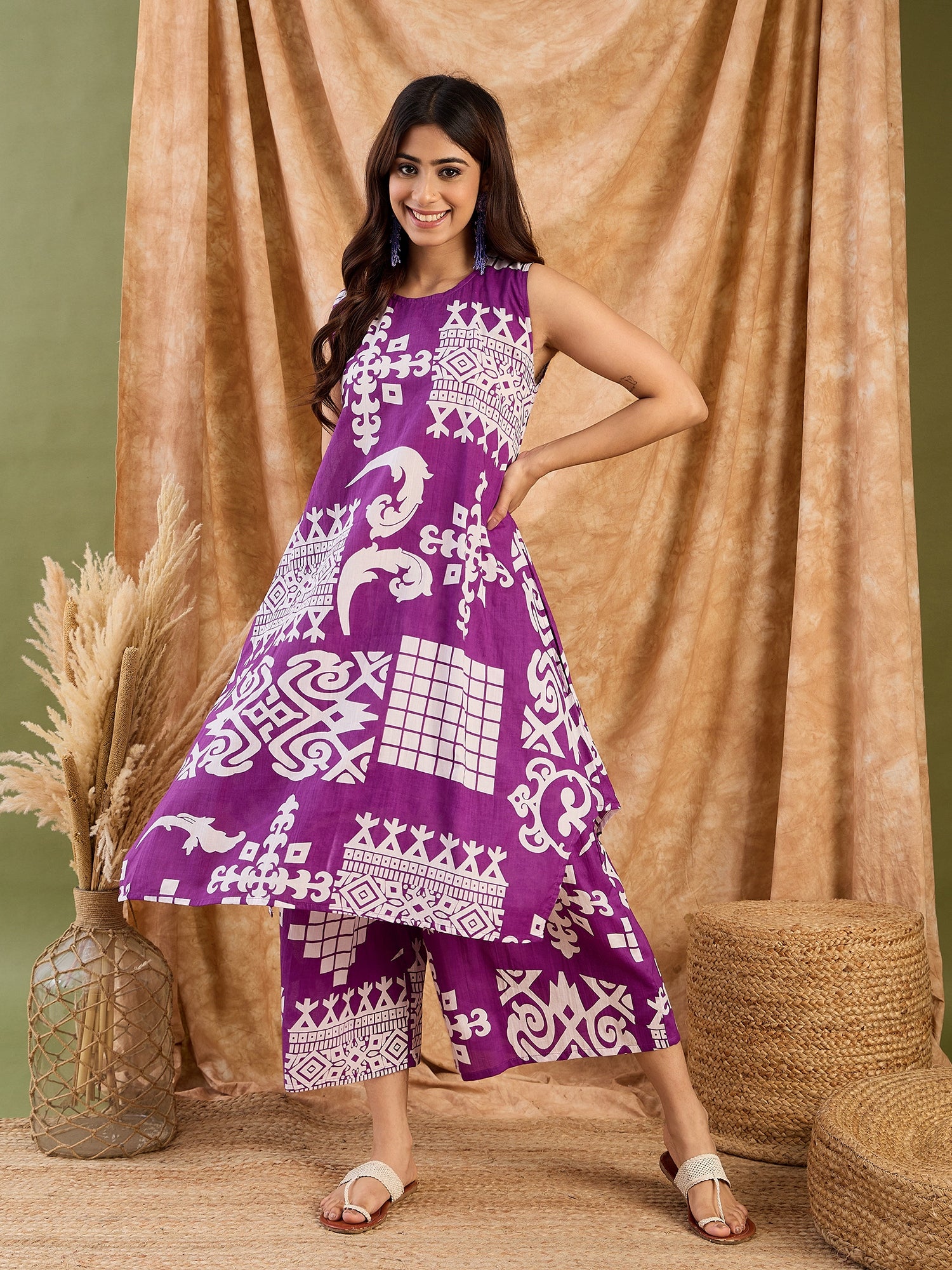 Purple White Print R Neck Kurta Set