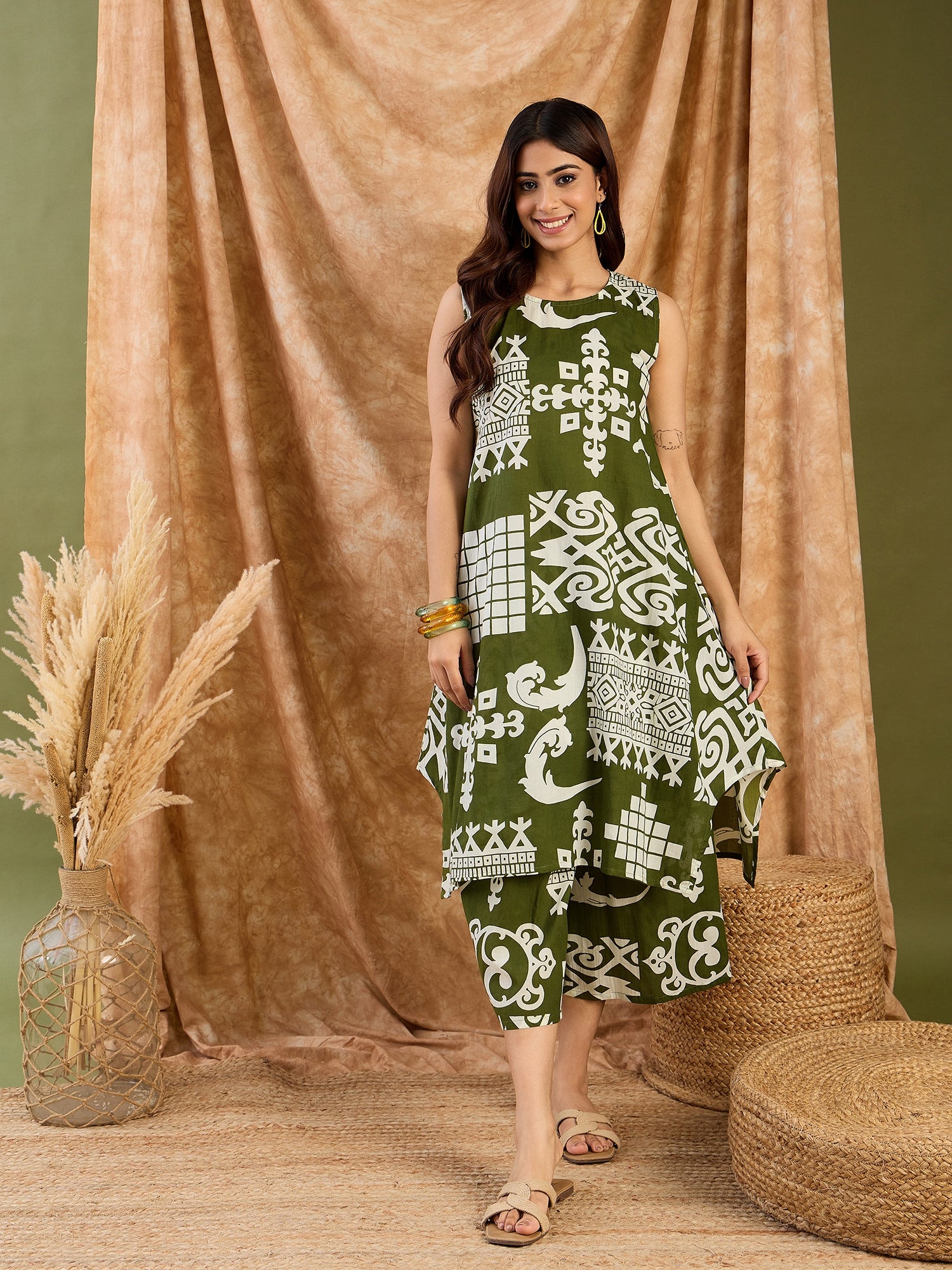 Olive White Print R Neck Kurta Set