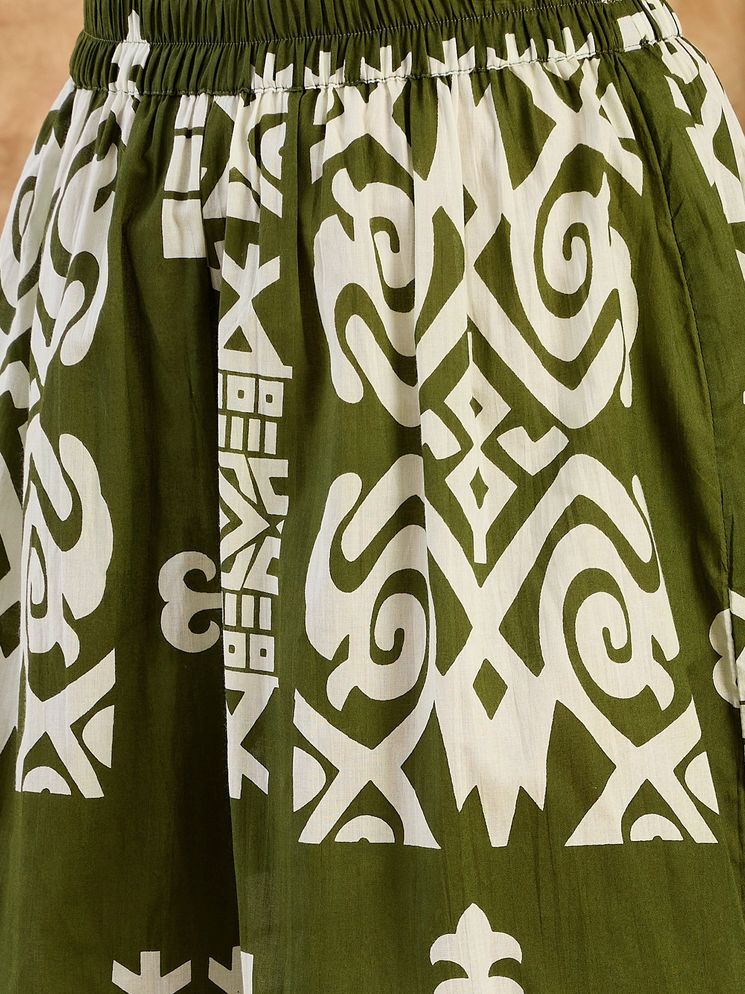 Olive White Print R Neck Kurta Set