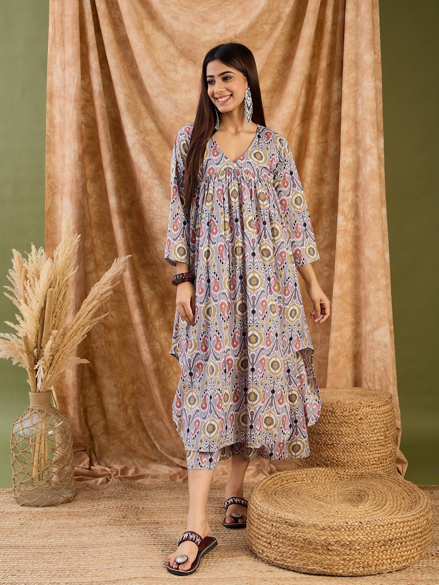 Light Grey Olive Ikkat V Neck Kurta Set