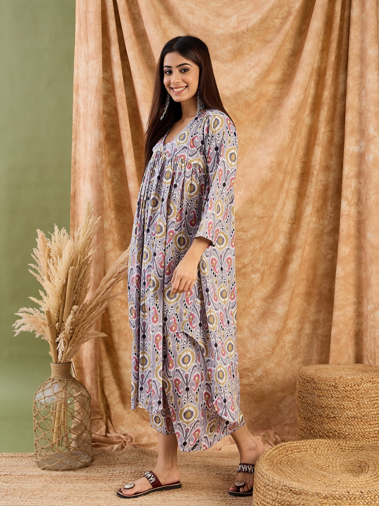 Light Grey Olive Ikkat V Neck Kurta Set