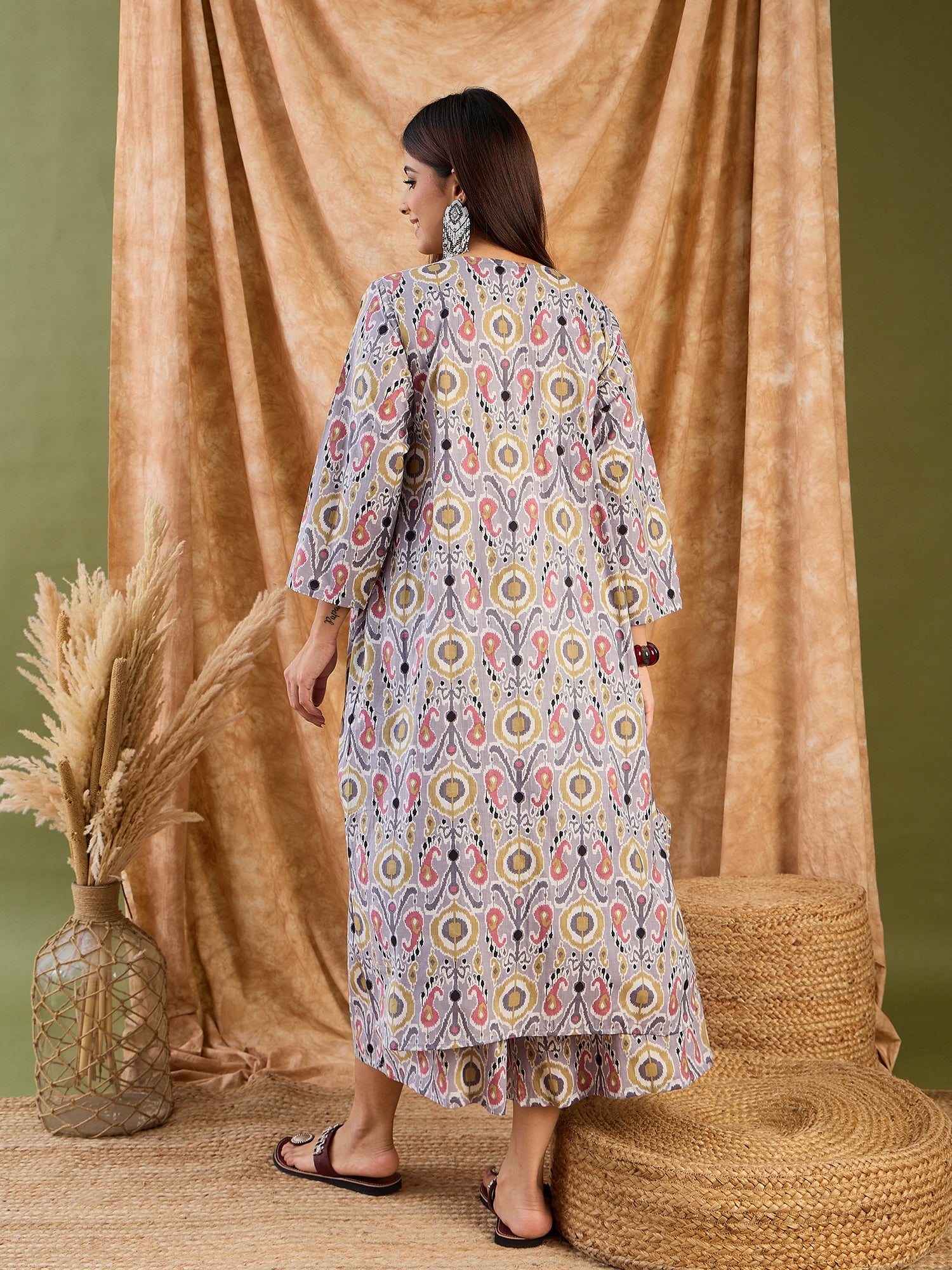 Light Grey Olive Ikkat V Neck Kurta Set