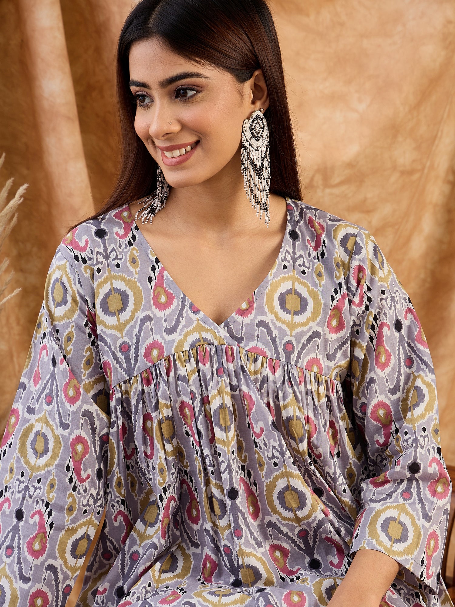 Light Grey Olive Ikkat V Neck Kurta Set