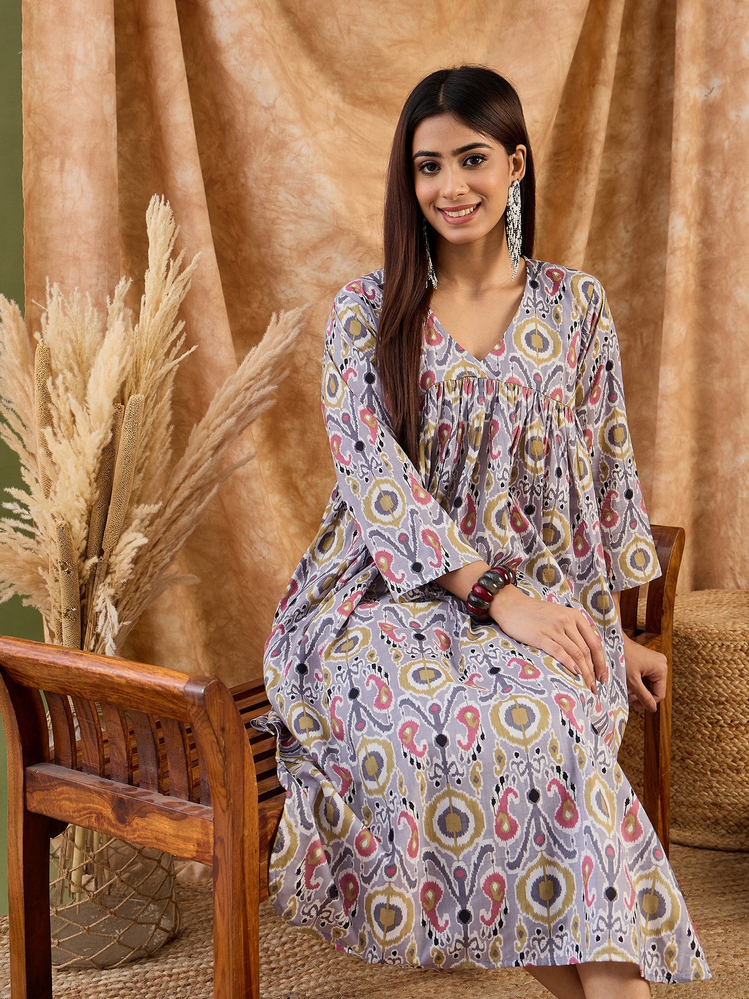 Light Grey Olive Ikkat V Neck Kurta Set