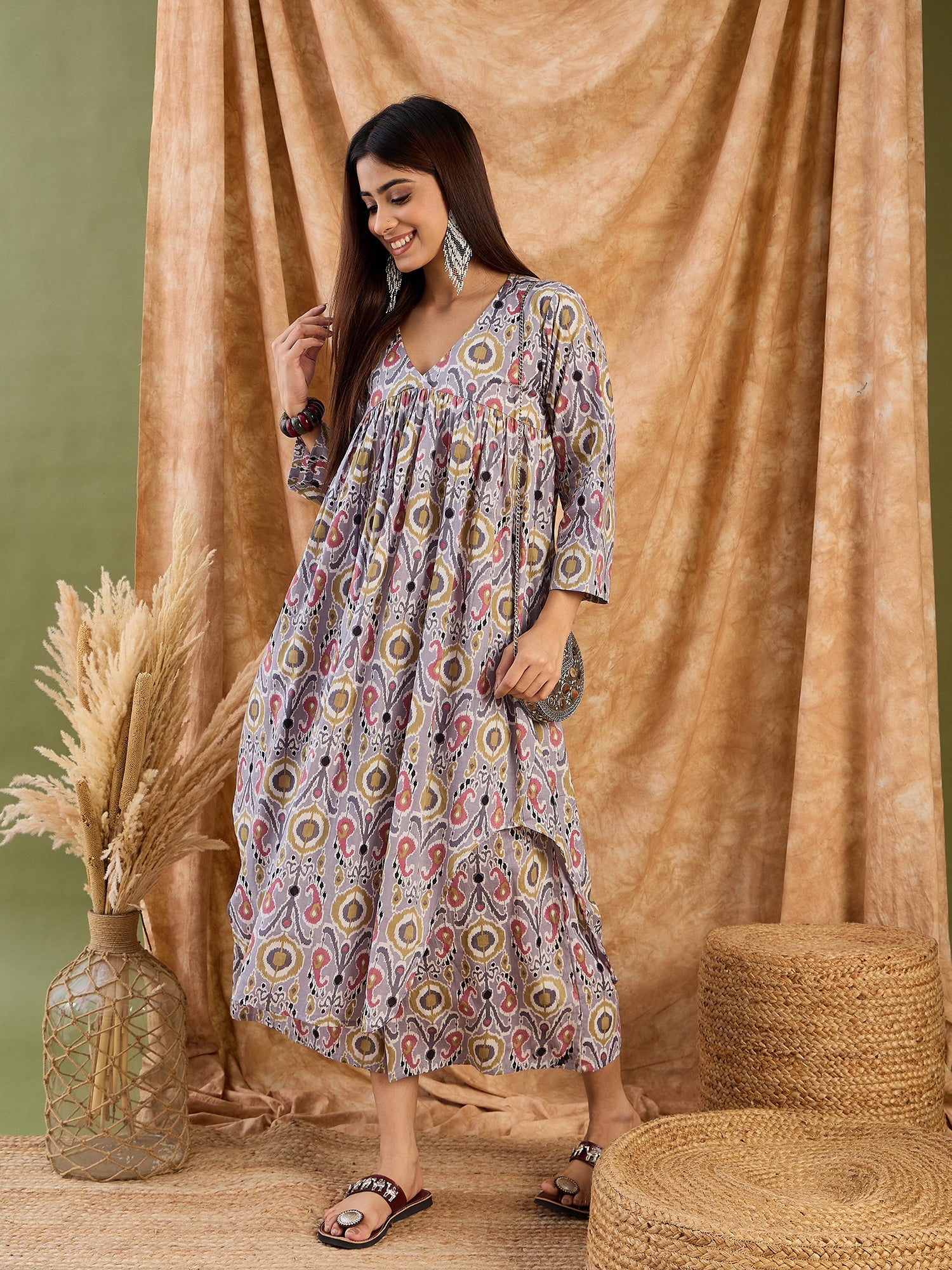 Light Grey Olive Ikkat V Neck Kurta Set