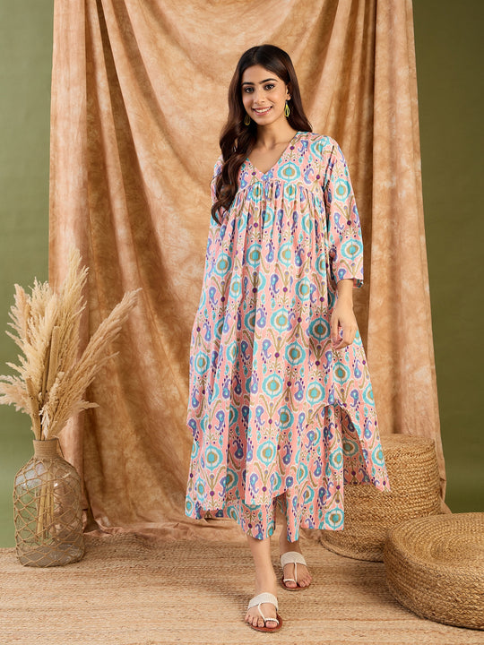 Peach Blue Ikkat V Neck Kurta Set