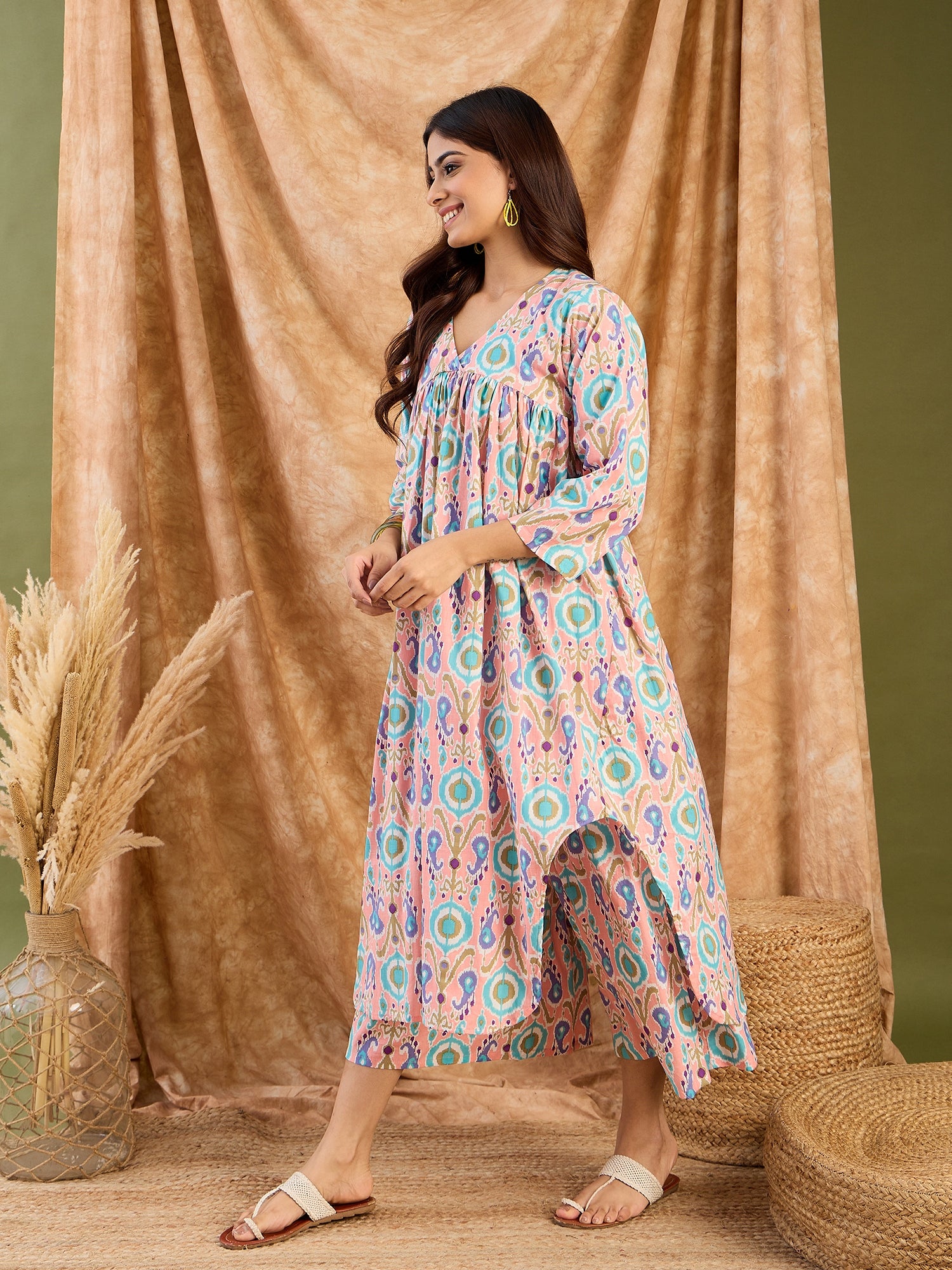 Peach Blue Ikkat V Neck Kurta Set