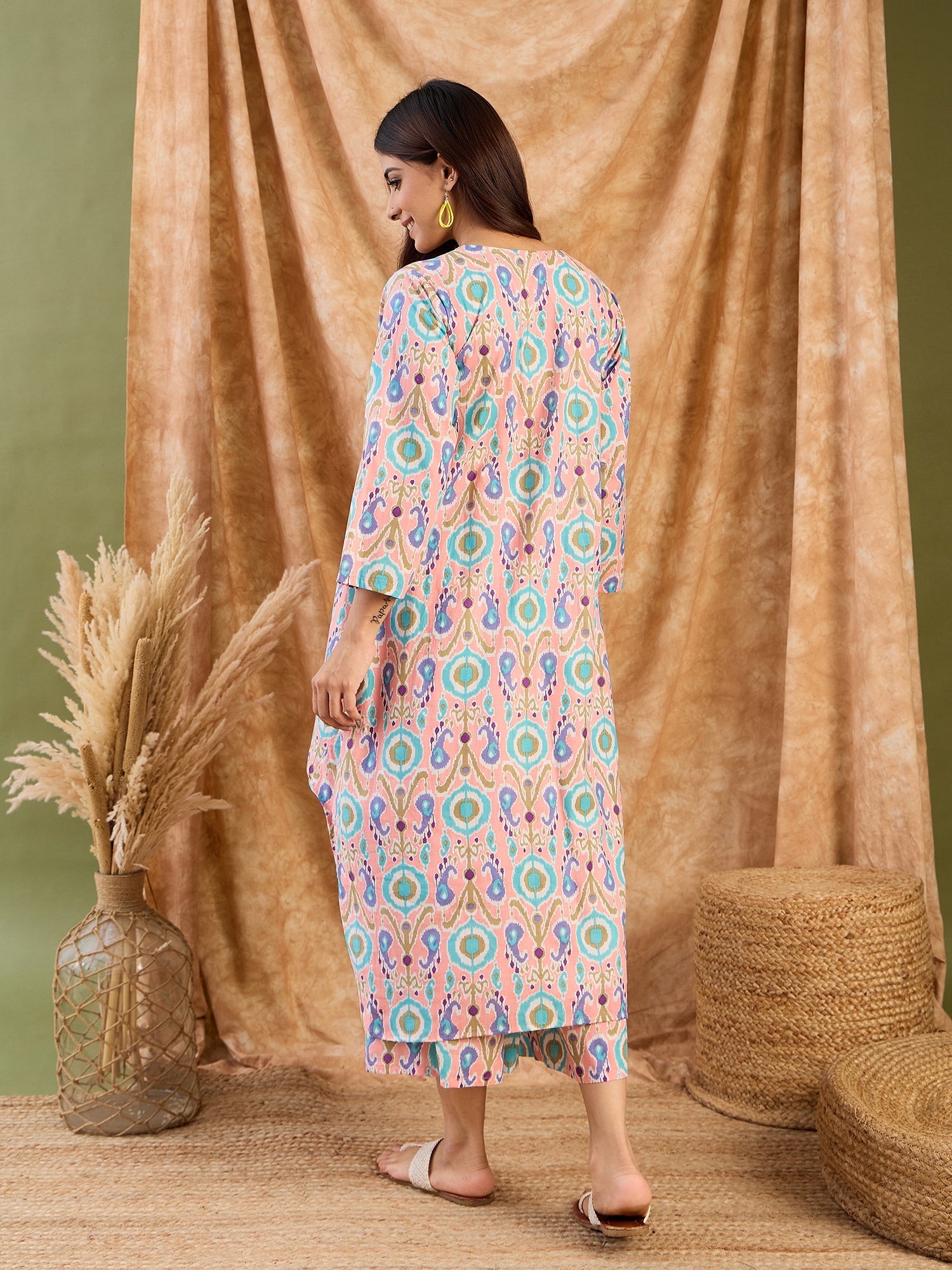 Peach Blue Ikkat V Neck Kurta Set