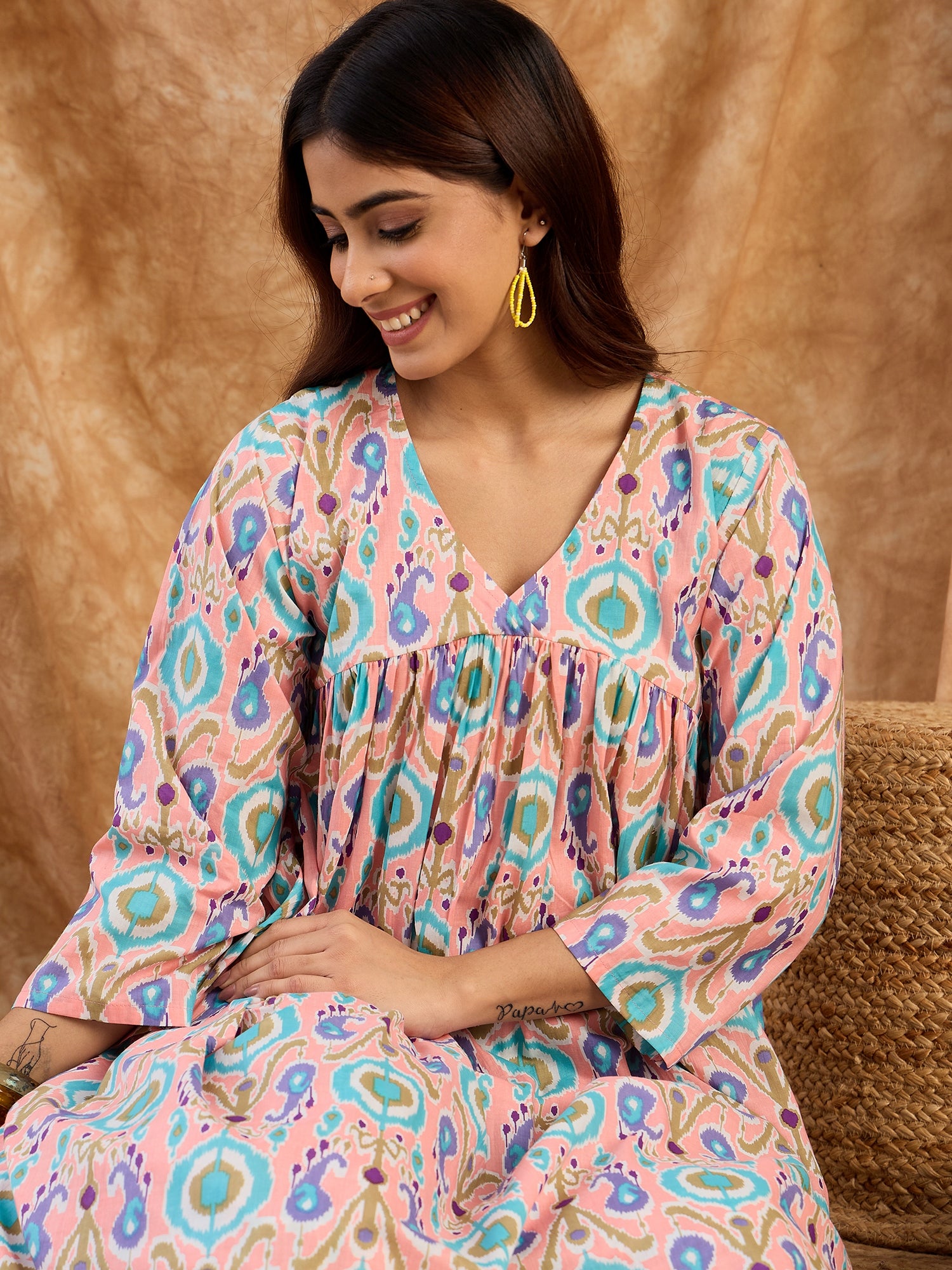 Peach Blue Ikkat V Neck Kurta Set